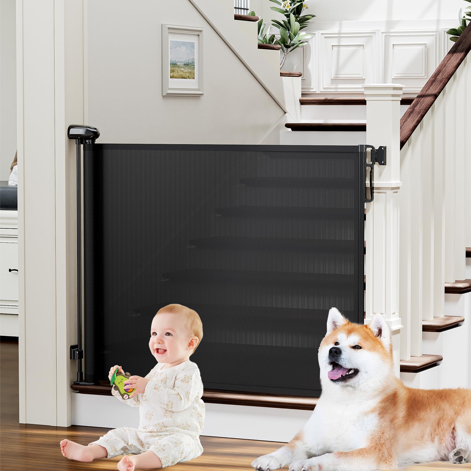 Retractable Baby Gates For Stairs, Probebi Retractable Dog Gate Indoor Extends To 72' Wide 34' Tall, Child Gates For Doorways, Stair Gate Use For Outdoor, Hallways, Doorways, Deck, Porch