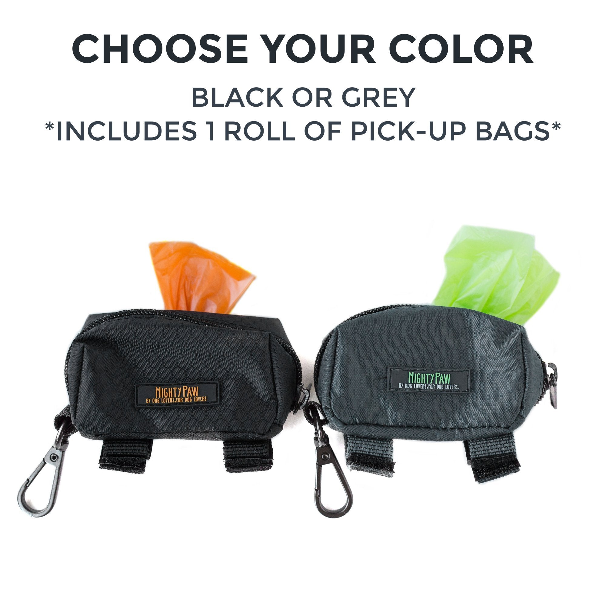 Mighty Paw Dog Poop Bag Holder - Zippered Pouch with Carabiner Hook - Includes Roll of Pick-up Bags - Pet Bag Holder - Poop Bag