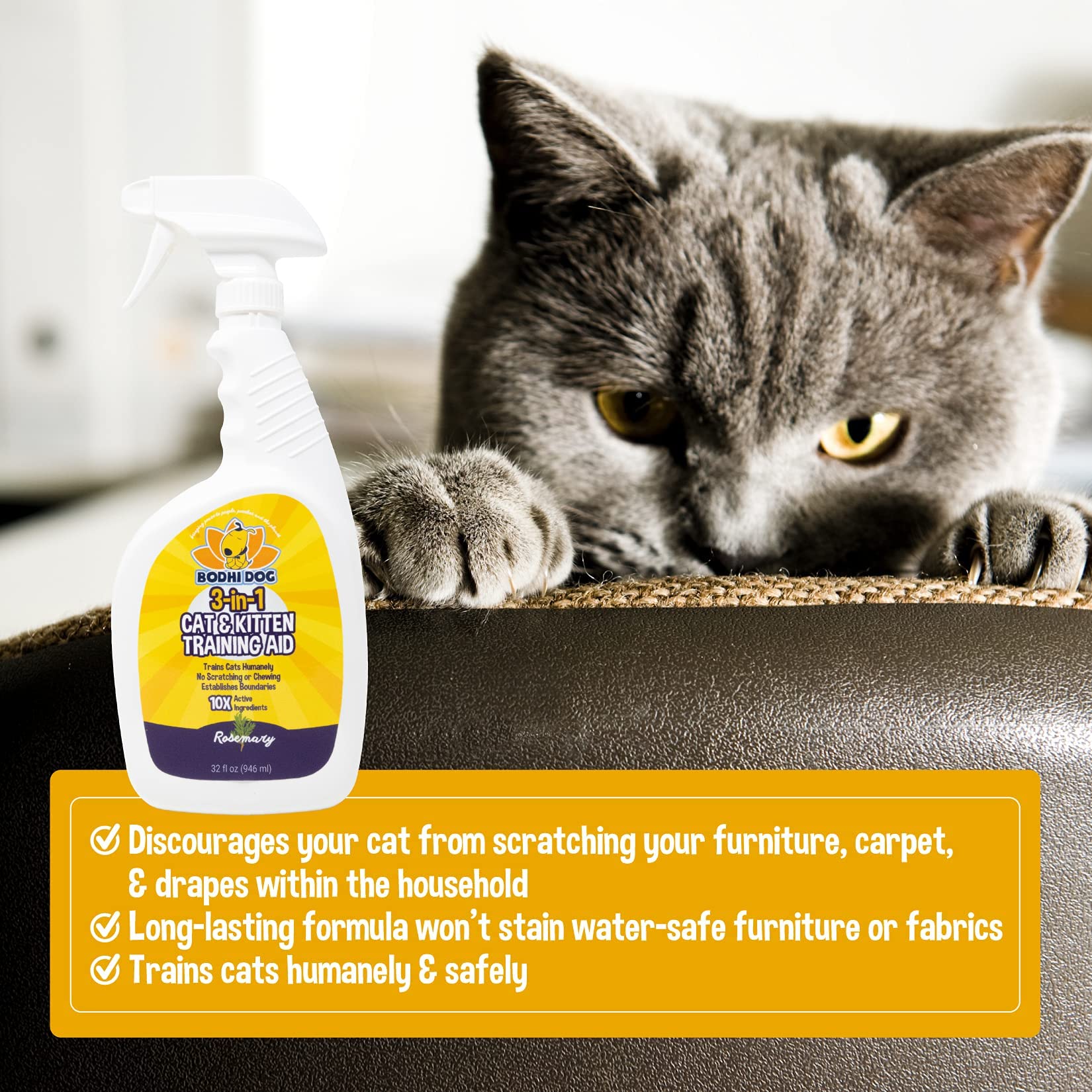 Bodhi Dog 3-in-1 Cat Training Spray | 32oz Anti-Scratch Furniture Protector | Indoor & Outdoor Use