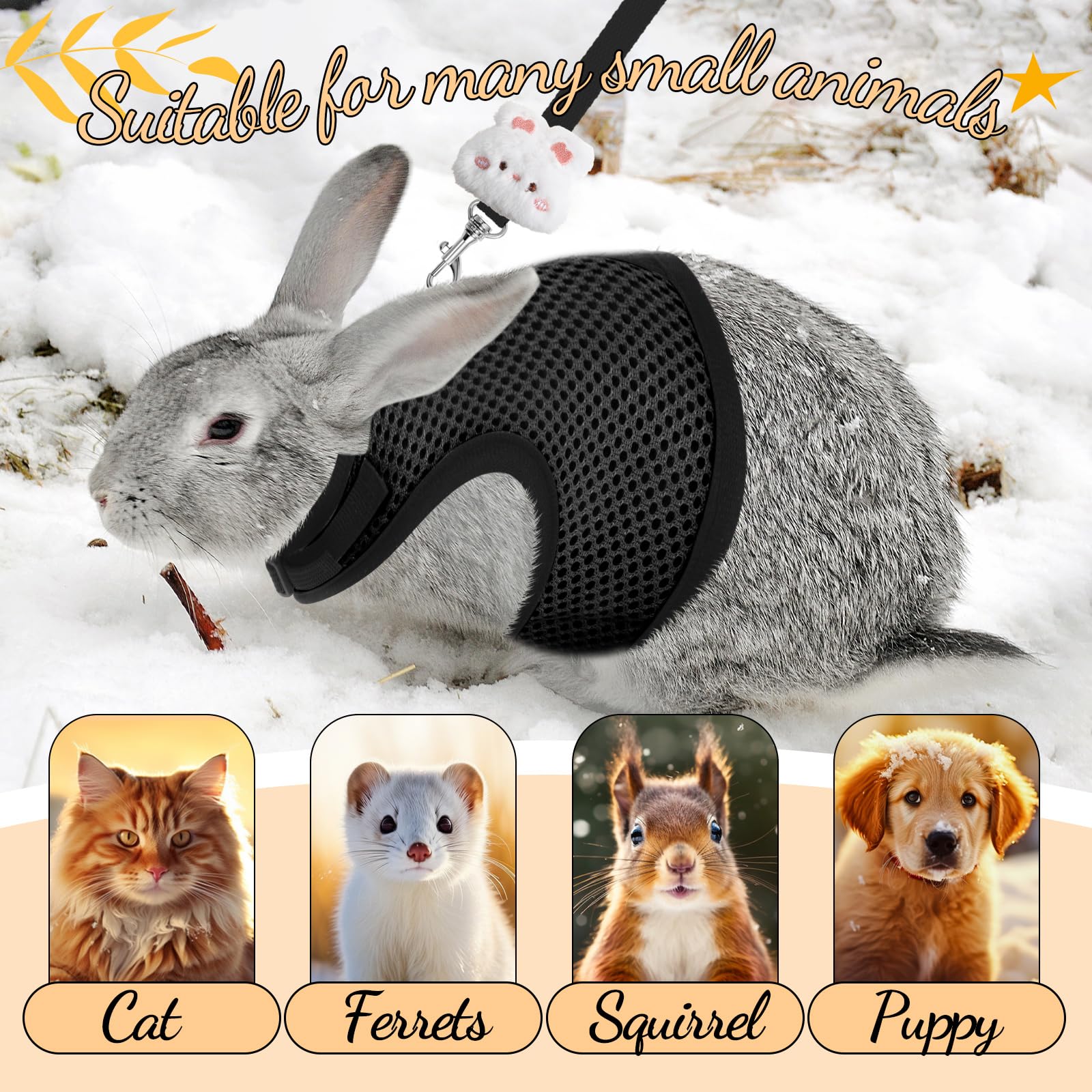 Rabbit Harness And Leash Set With 2 Cute Decorations Bunny Clothes Adjustable Buckle Breathable Mesh Vest Harness For Rabbits Fe