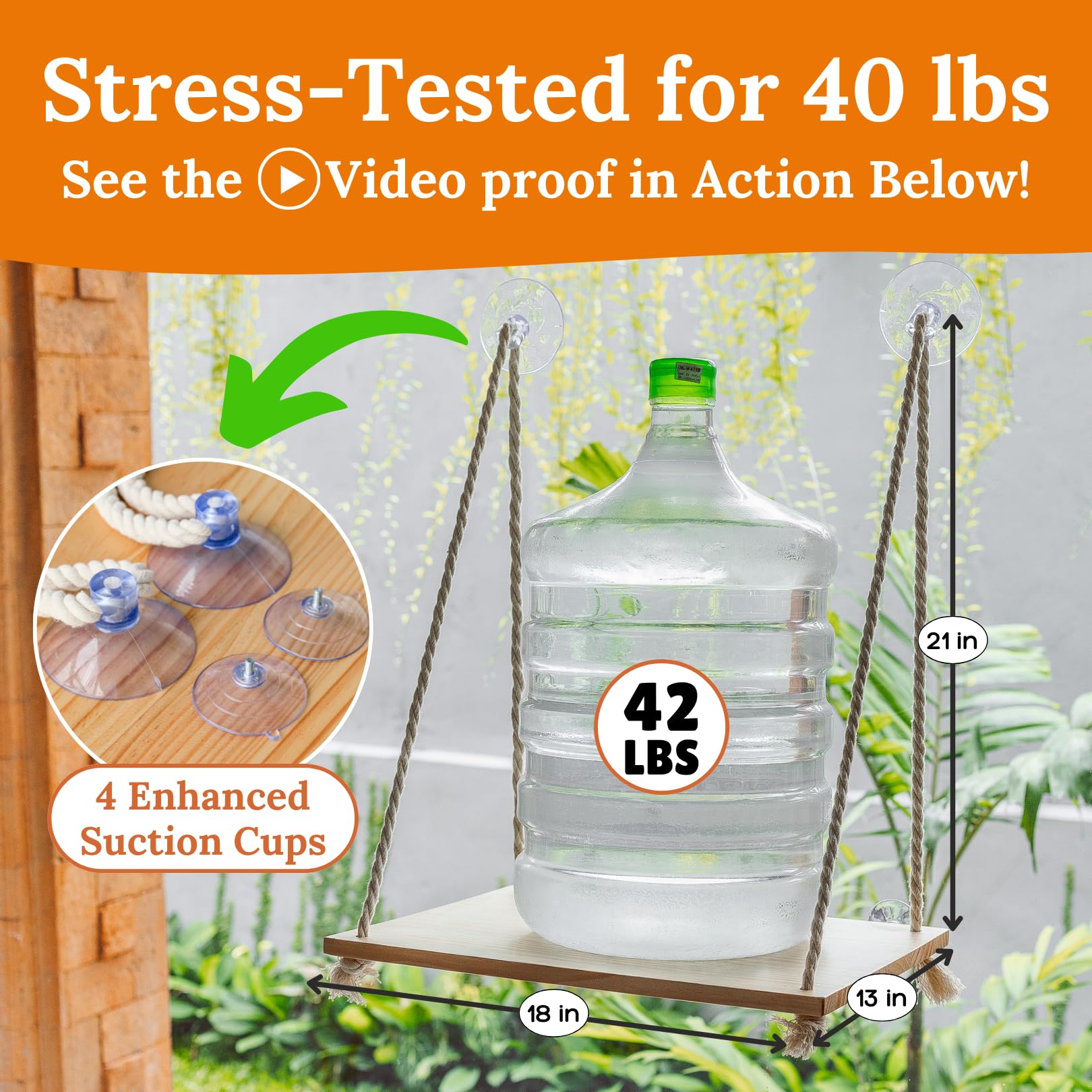 Cat Window Perch - Hammock Bed For Cats Inside - Solid Wood Seat, 4 Strong Suction Cups, Soft Cushion - Rustic Indoor Pet Shelf