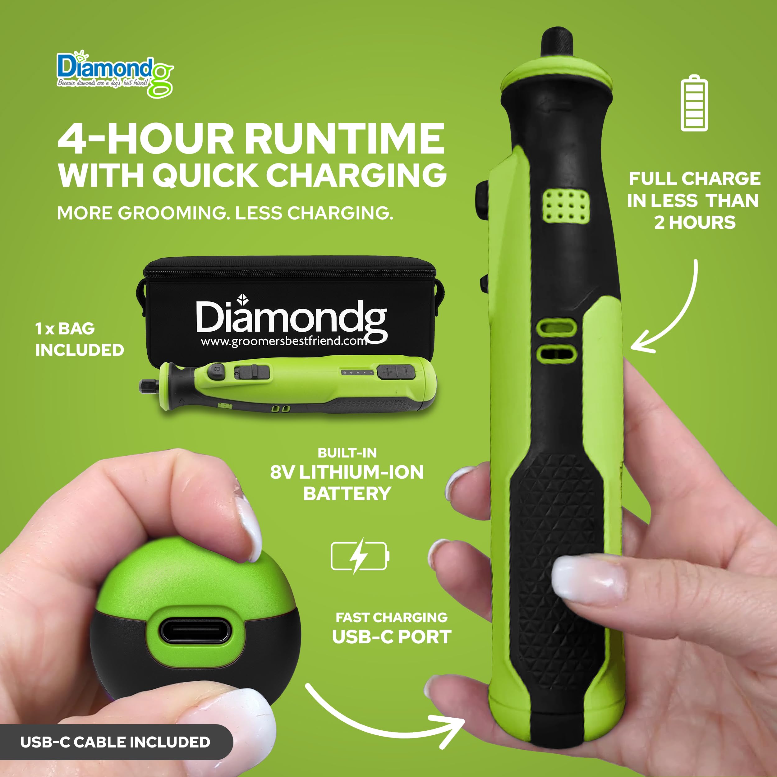 Diamondg Cordless Dog Nail Grinder - Quiet, LED Tip, 4hrs Runtime, Heavy Duty Electric Trimmer for Large & Small Dogs, Green
