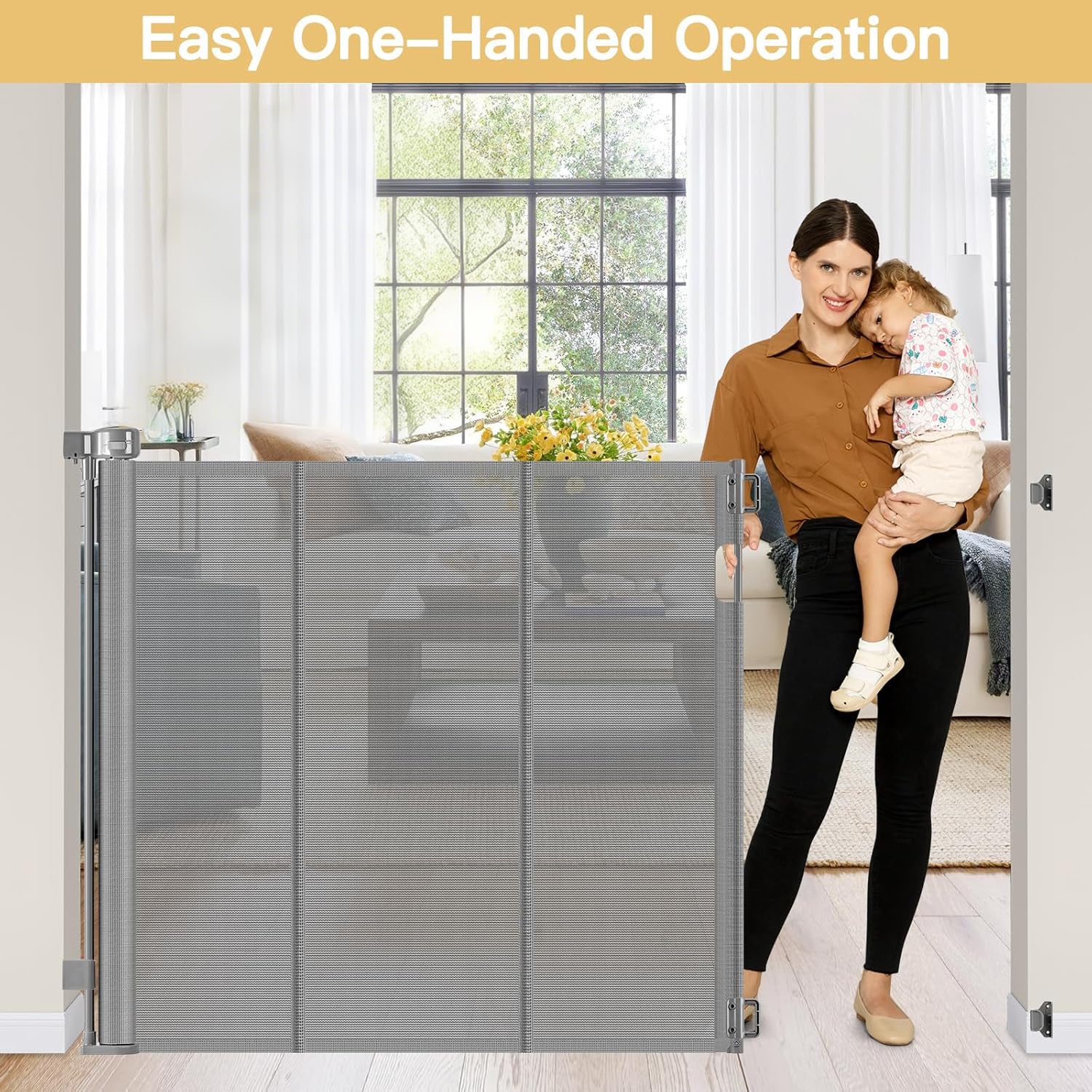 Reinforced 42 Extra Tall Baby Gate 55 Wide Retractable Dog Gate with Support Rods - Bottom Anti-Escape, Extra Tall Pet Gate Indo