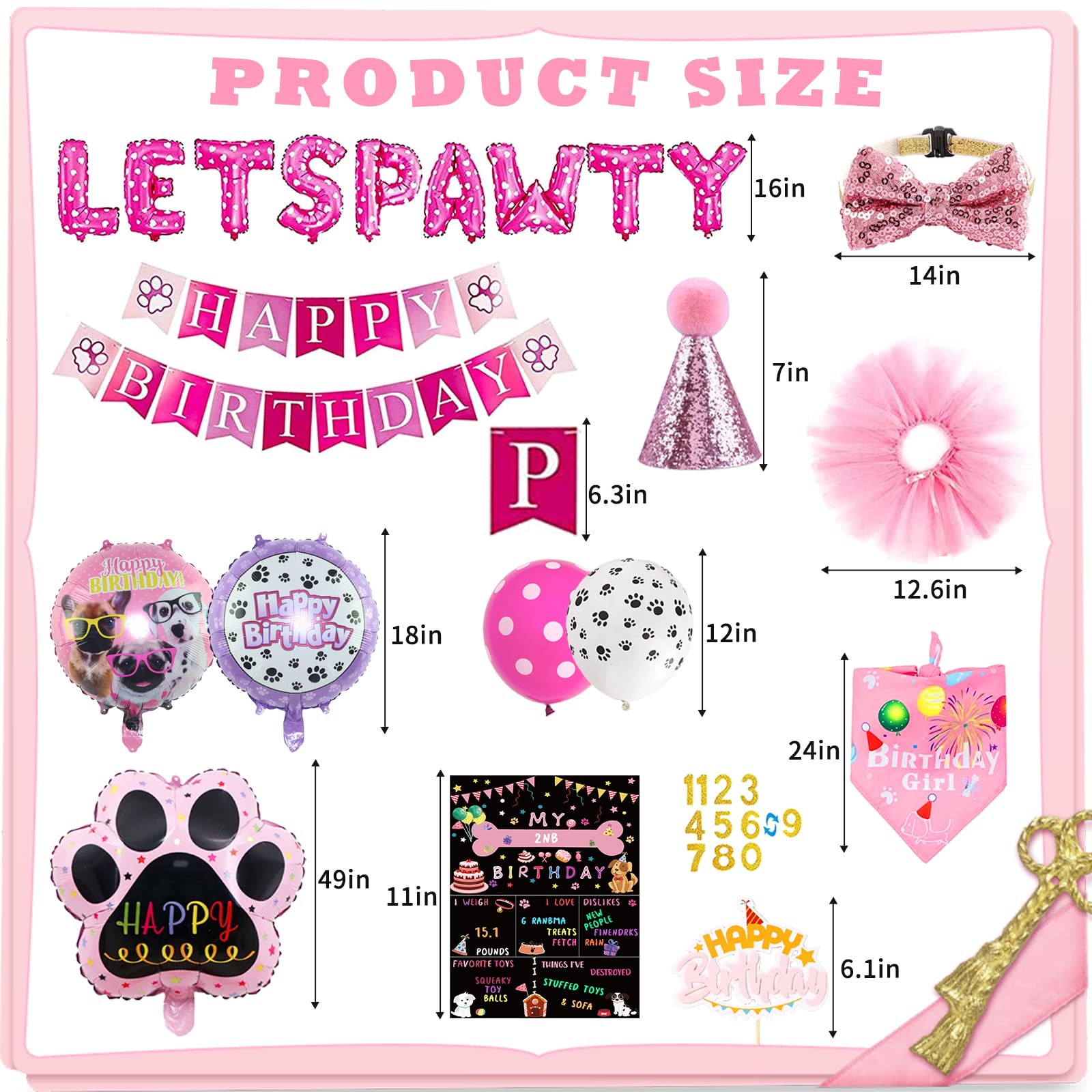 Dog Party Supplies Decorations - Cute Bandana, Let'S Pawty Banner, Cake Topper, Hat, Pink Bowtie, Tutu Skirt, Paw Balloon For Bi