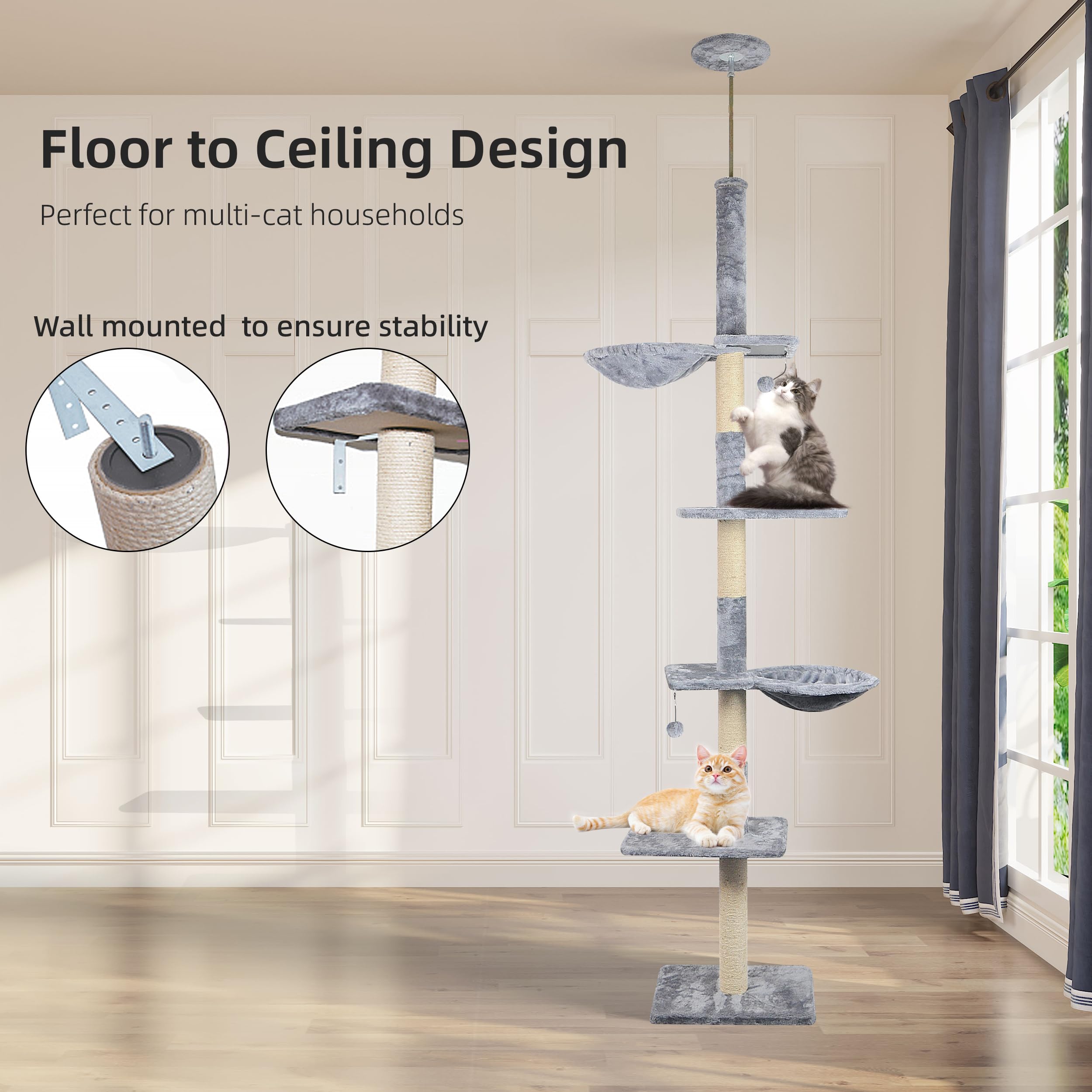 Roypet 93-116 Tall Cat Climbing Tree, 5-Tier Activity Center, Grey, with Hammock & Scratching Posts - Cat Furniture