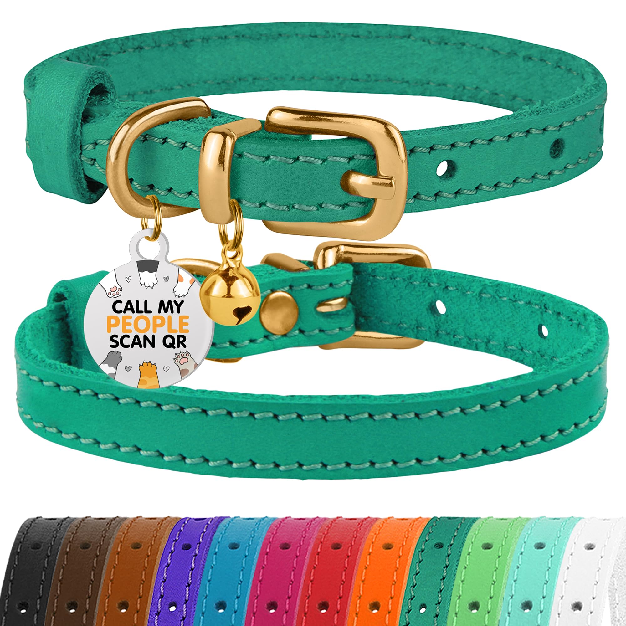 Bronzedog Leather Cat Collar With Bell Non Breakaway Kitten Qr Tag For Girl Boy (9'' - 11'' Cats/Mini Dogs, Green & Gold)