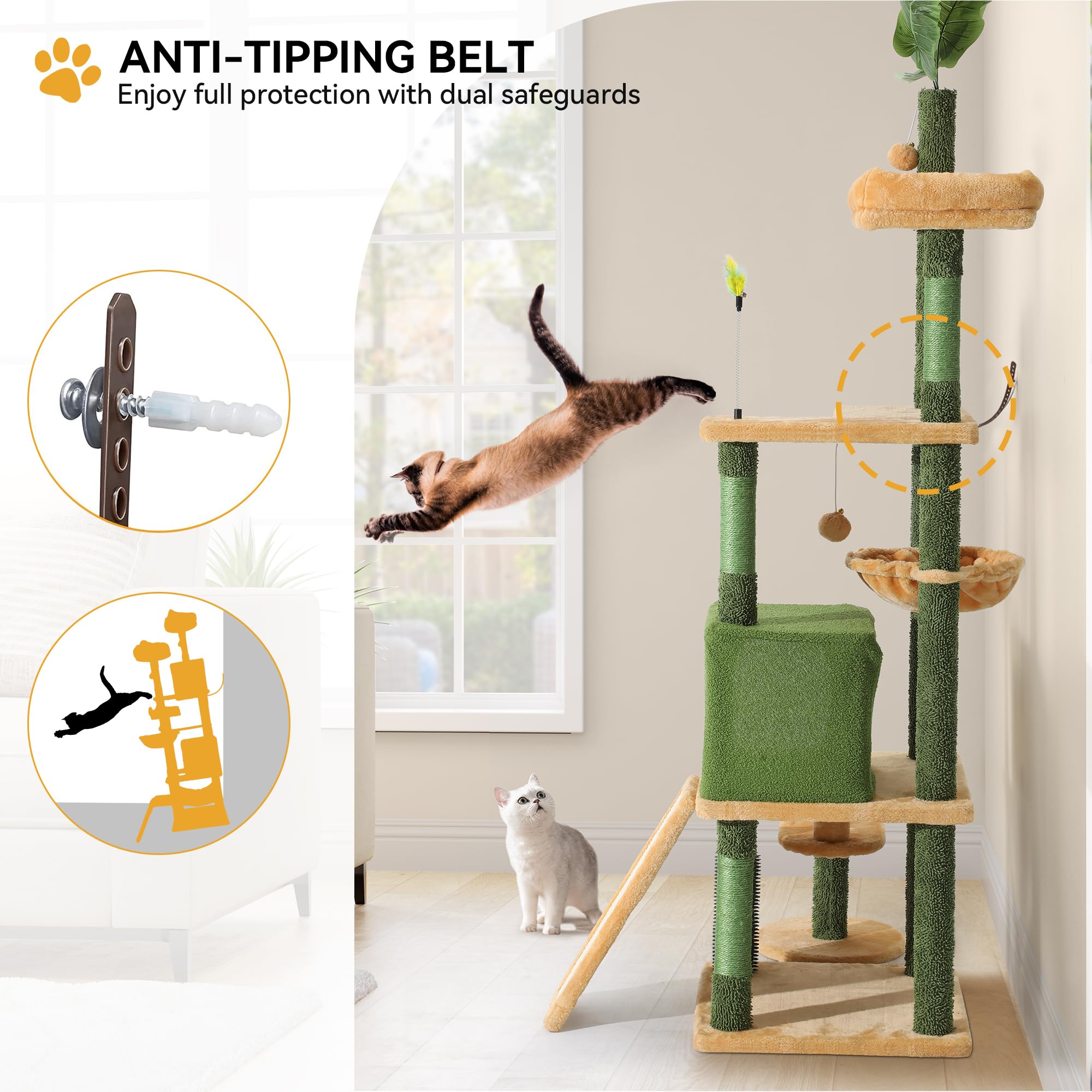 Yitahome Tall Cat Tree Tower With Leaves For Indoor Cats, 72.8In Cute Cat Climbing Tower With Self-Grooming Brush, Cat Condo, To