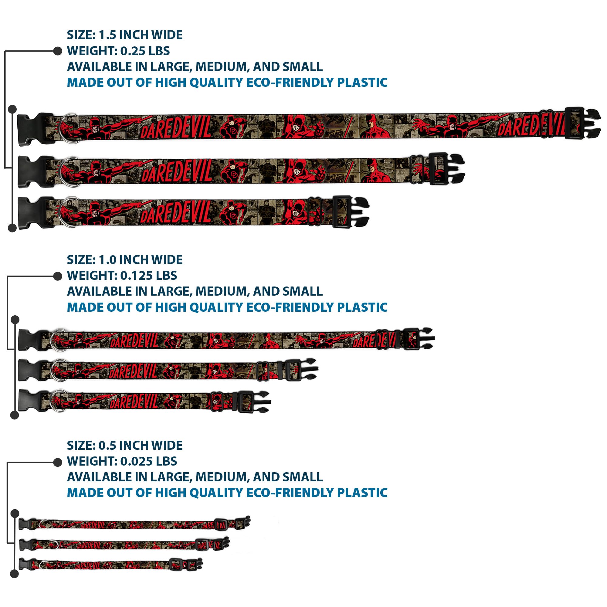 Buckle-Down ''Daredevil Action Poses/Comic Panels Grays/Red'' Plastic Clip Collar, 1/2'' X 6-9''/Small