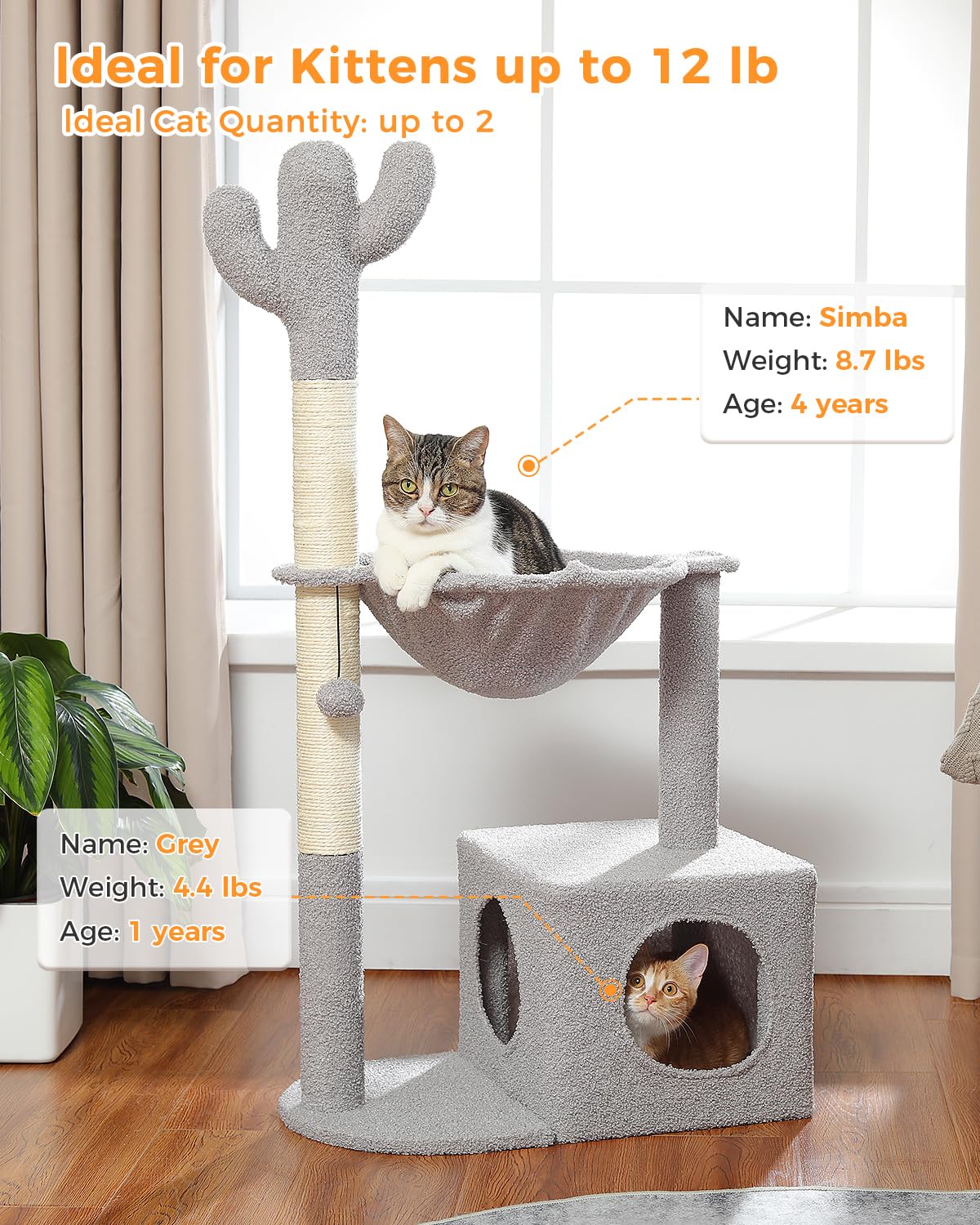 Muttros Cactus Cat Tree Cat Scratching Post 40'' Cat Tower With Large Metal Carpet Hammock, Cat Scratching Post For Indoor Cats