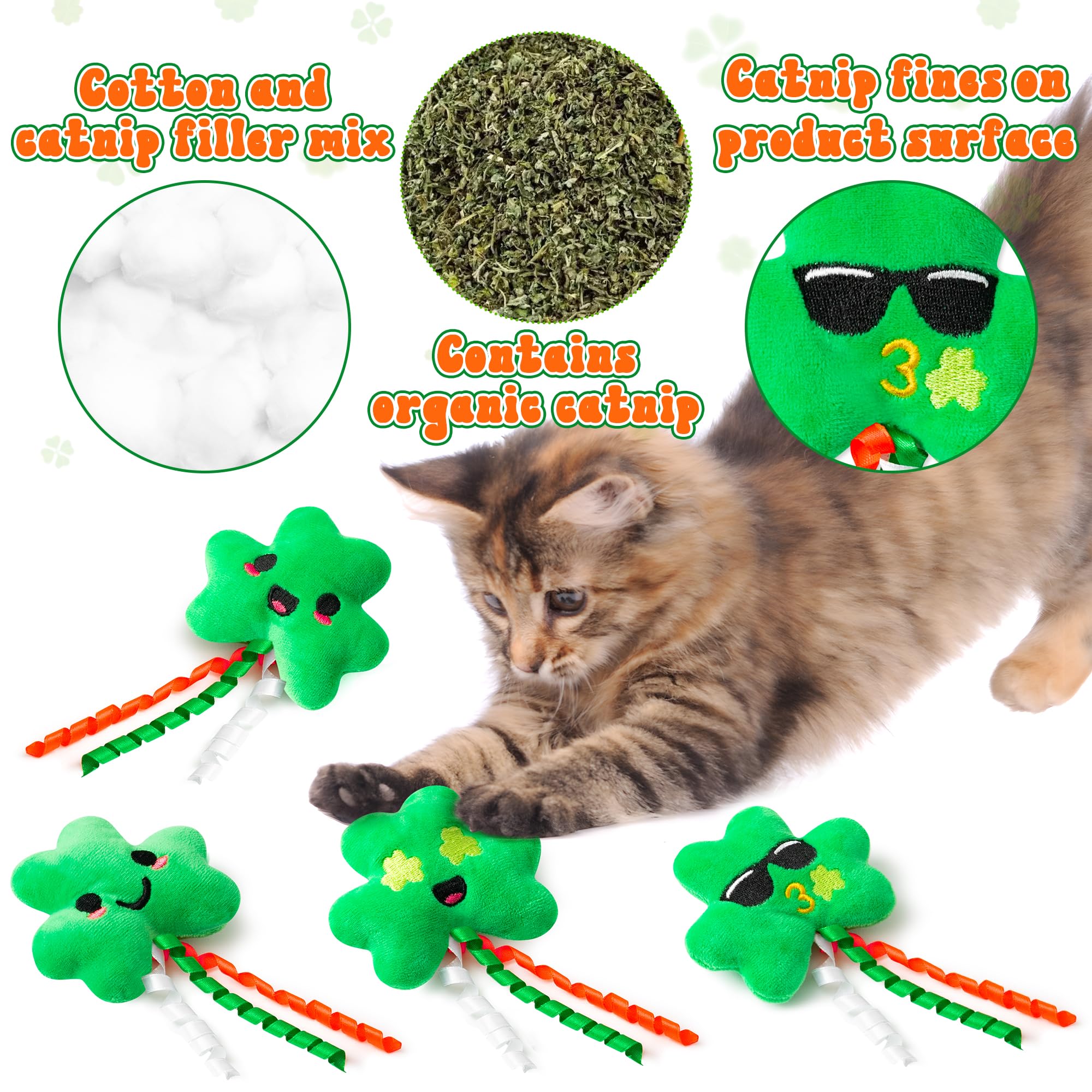 Mallmall6 4Pcs St. Patrick'S Day Shamrocks Catnip Toys Gift For Cat, Indoor Cat Bite Kick Catmint Pet Toys Supplies For Kitten L