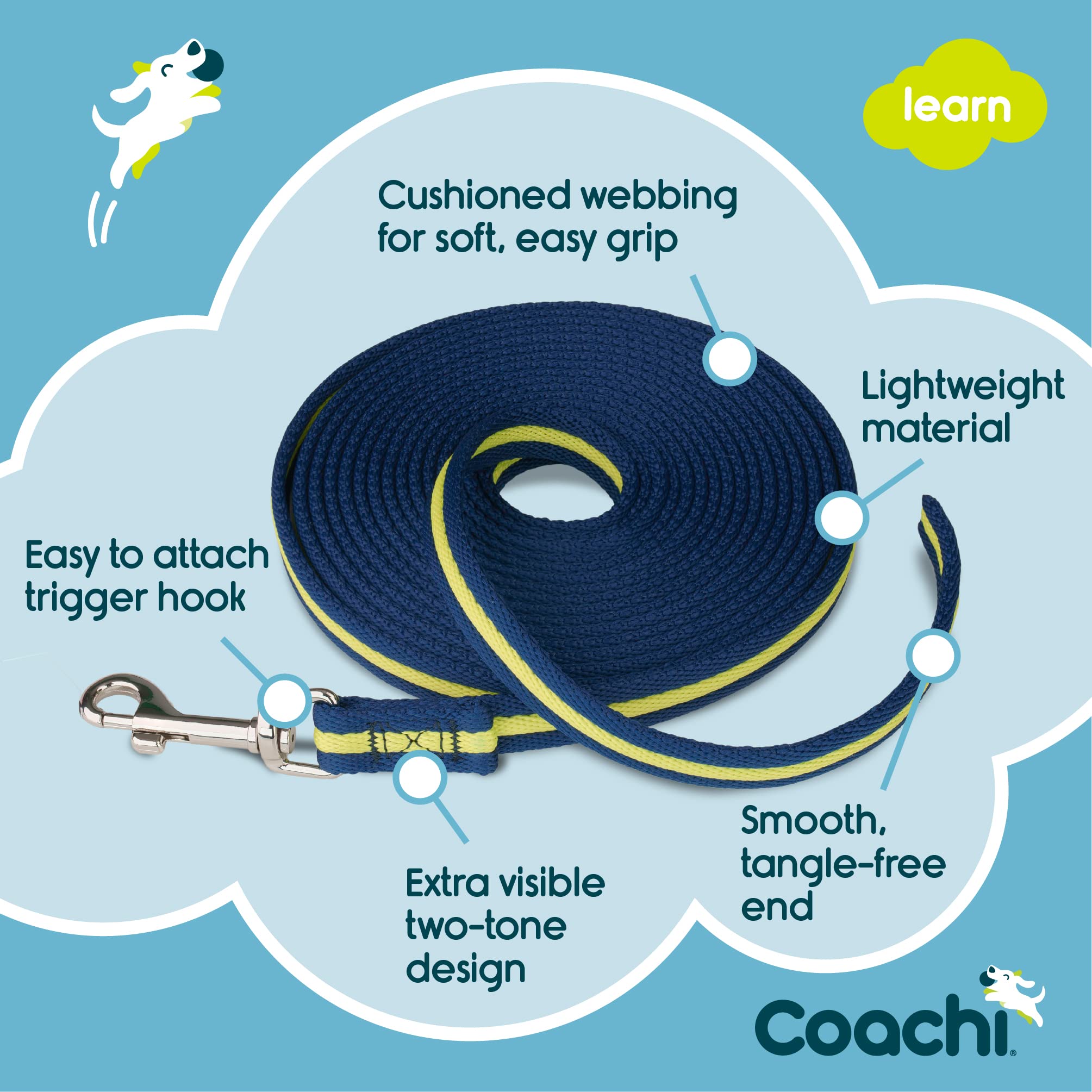 Coachi Training Line 5M, Safe Training Outdoors, Recall Training, Dog & Puppy Socialization, Lightweight, Soft To Hold, Suitable