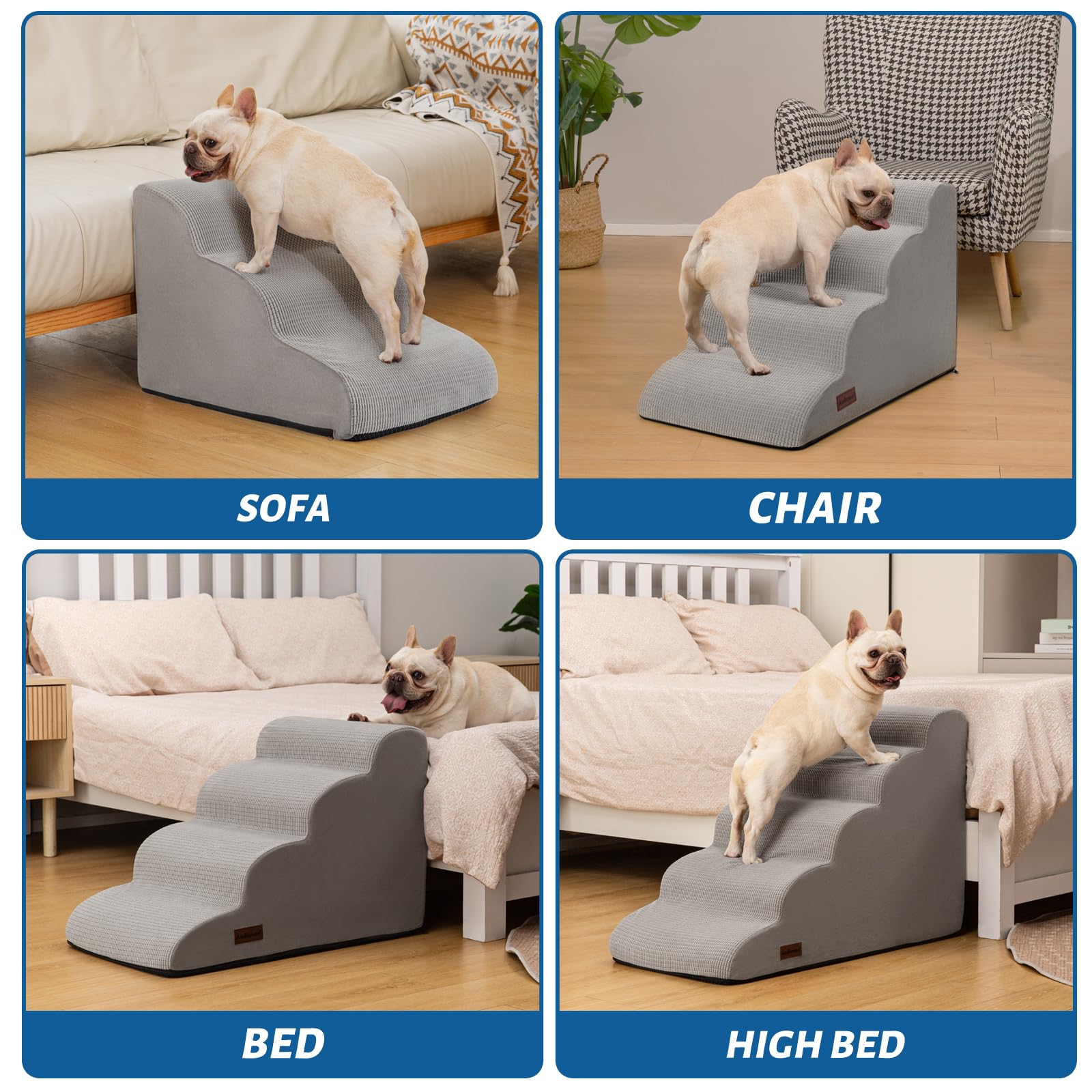 Aodisman 5-Step Dog Stairs and Ramp for High Bed, Non-Slip Sturdy Pet Steps for Small Dogs and Cats,22.2 H,Light Grey