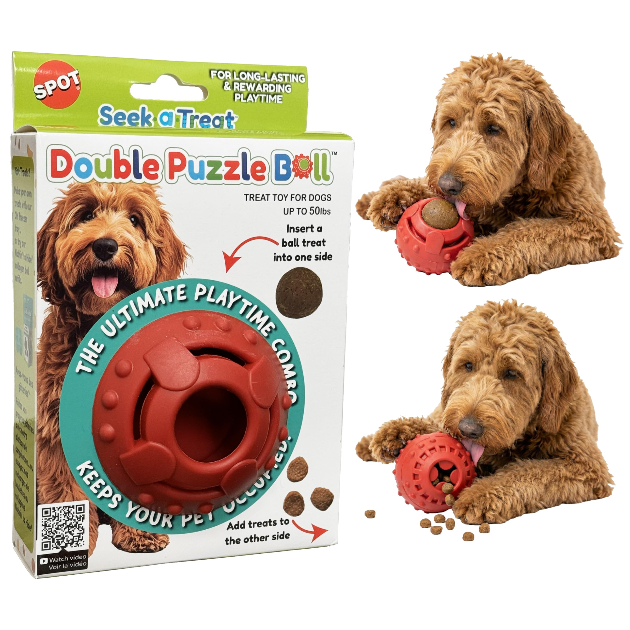 SPOT Seek-A-Treat Double Puzzle Ball Dog Toy, 3.25 in Durable Rubber Treat Dispenser with Dual Openings for Mental Stimulation &