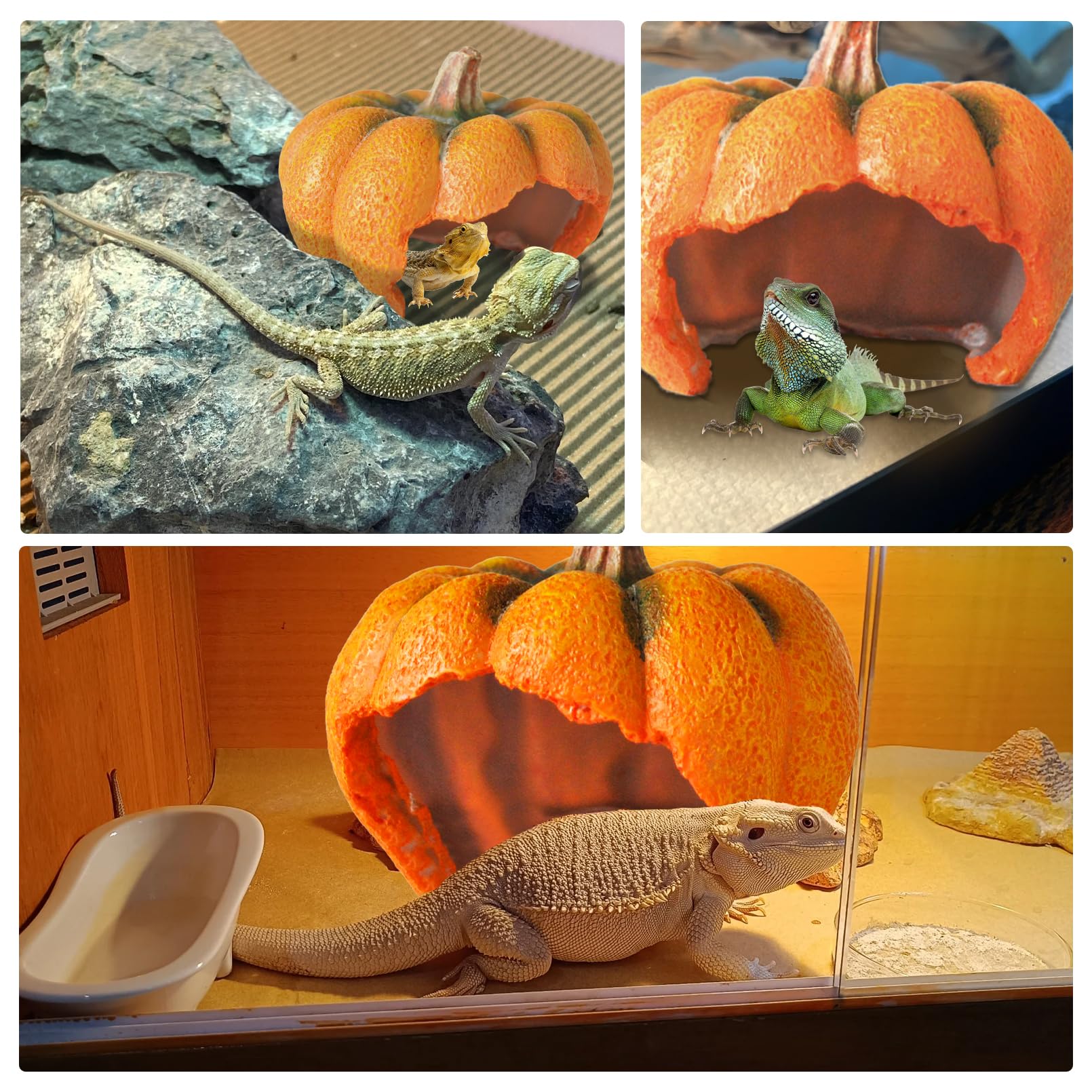 MUYG Reptile Resin Pumpkin Hut, Crested Gecko Habitat Hideout Cave Bearded Dragon Hammock Lizard Natural Seagrass Lounger Leopar