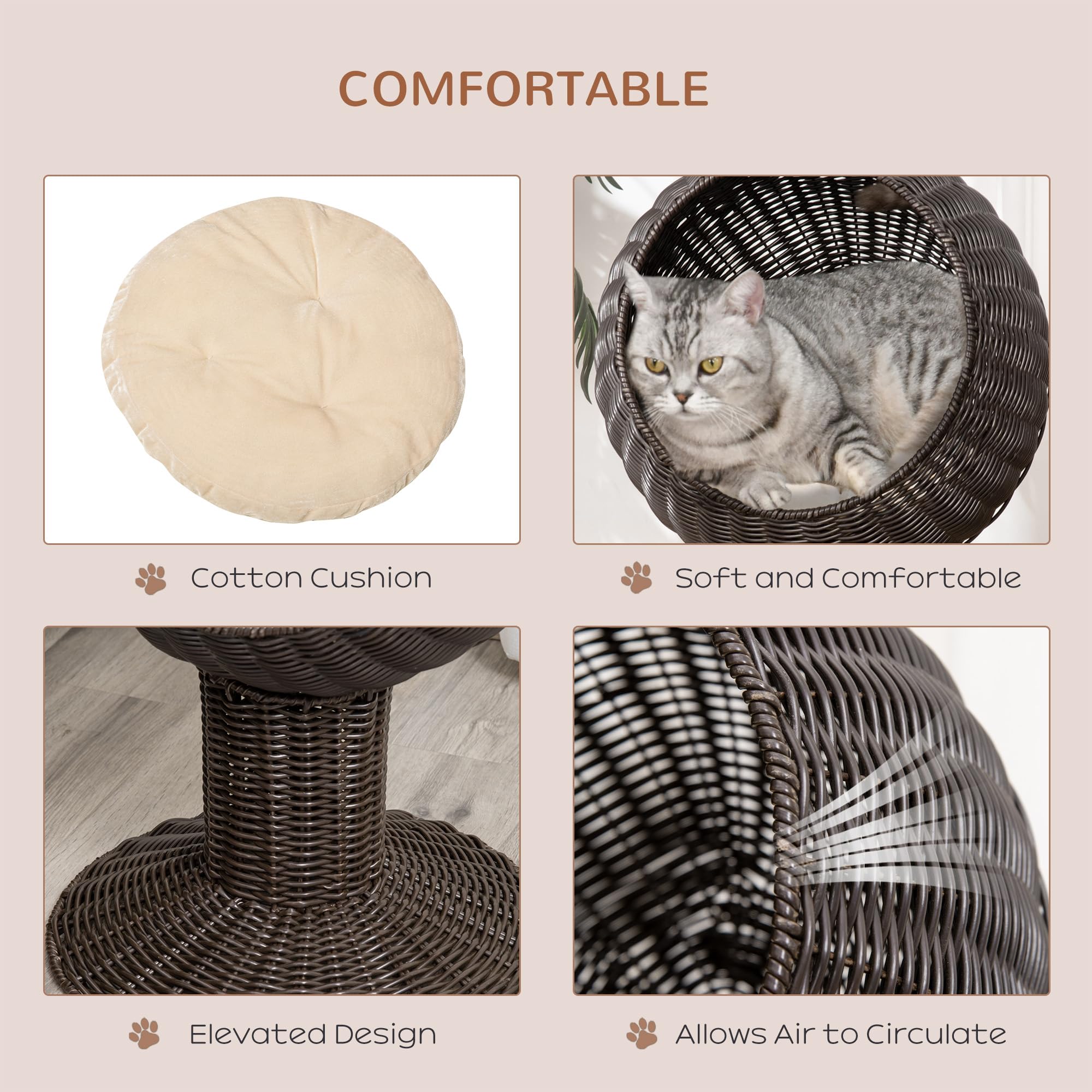 Pawhut Elevated Cat Bed With Rotatable Egg Chair Pod, Cat Basket Bed With Thick Cushion, Natural Mat Grass Woven Kitty House, Br