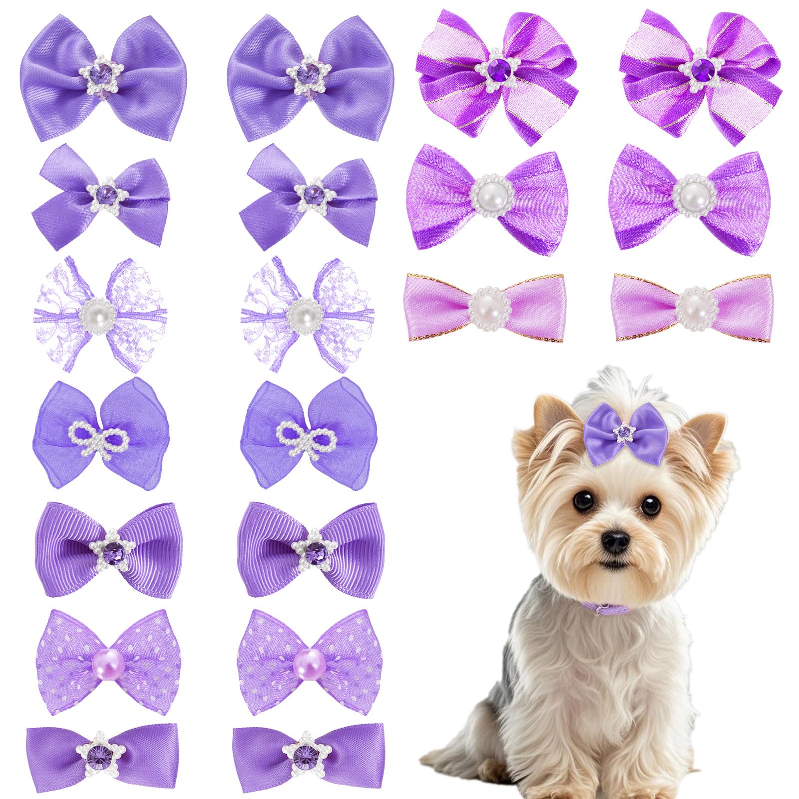 20 Pcs Cute Dog Hair Bows With Rubber Bands Elastic Handmade Mix Style Lace Rhinestone Pearls For Furry Puppy Cat Pet Girl, Purp