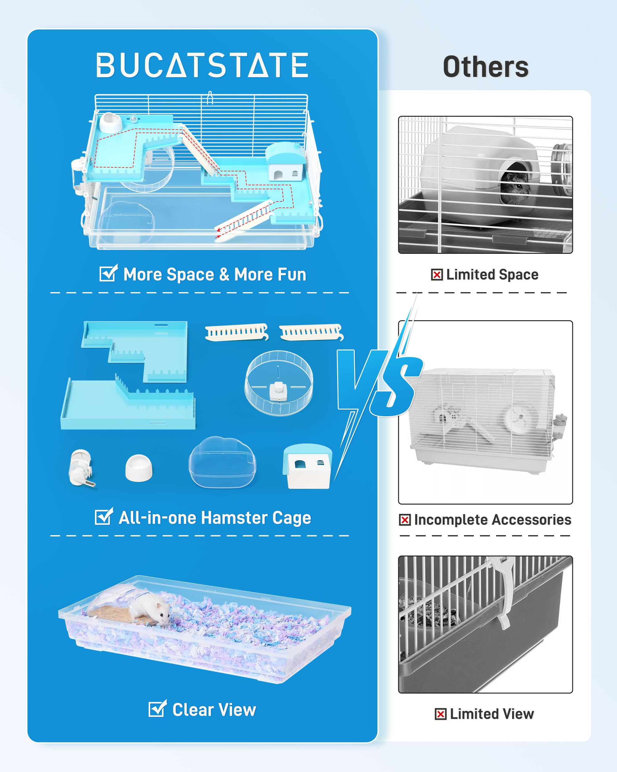 Bucatstate 3 Levels Small Hamster Cage With Accessories, 3-Layer Small Animal House For Dwarf Hamsters, Mice, Gerbils (18.5''X11