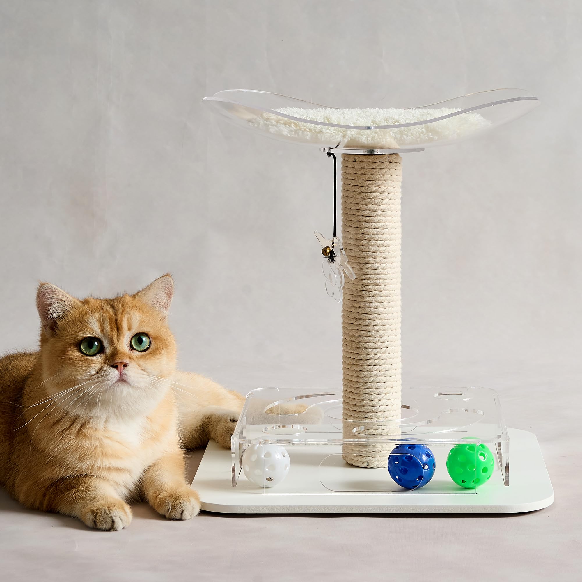 Kicari Modern 3-in-1 Interactive Cat Toy with Puzzle Box, Cat Bed/Perch & Scratching Posts, Colorful Jingle Balls, Dangling Acce