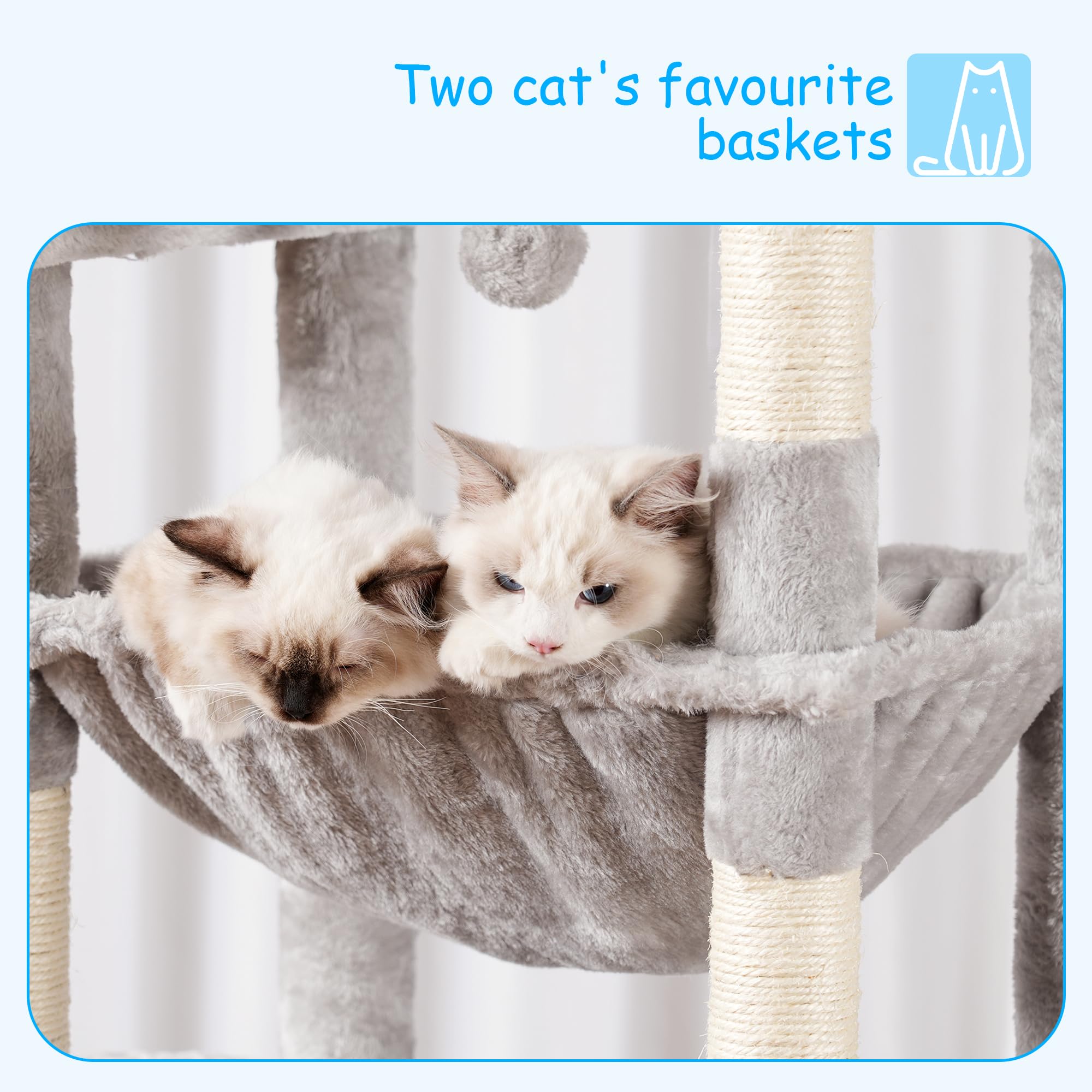 Hey-Brother Cat Tree, 69.3-Inches Multi-Level Plush Cat Tower For Indoor Cats With Large Top Perch, Extra Spacious Hammock, 2 Ha