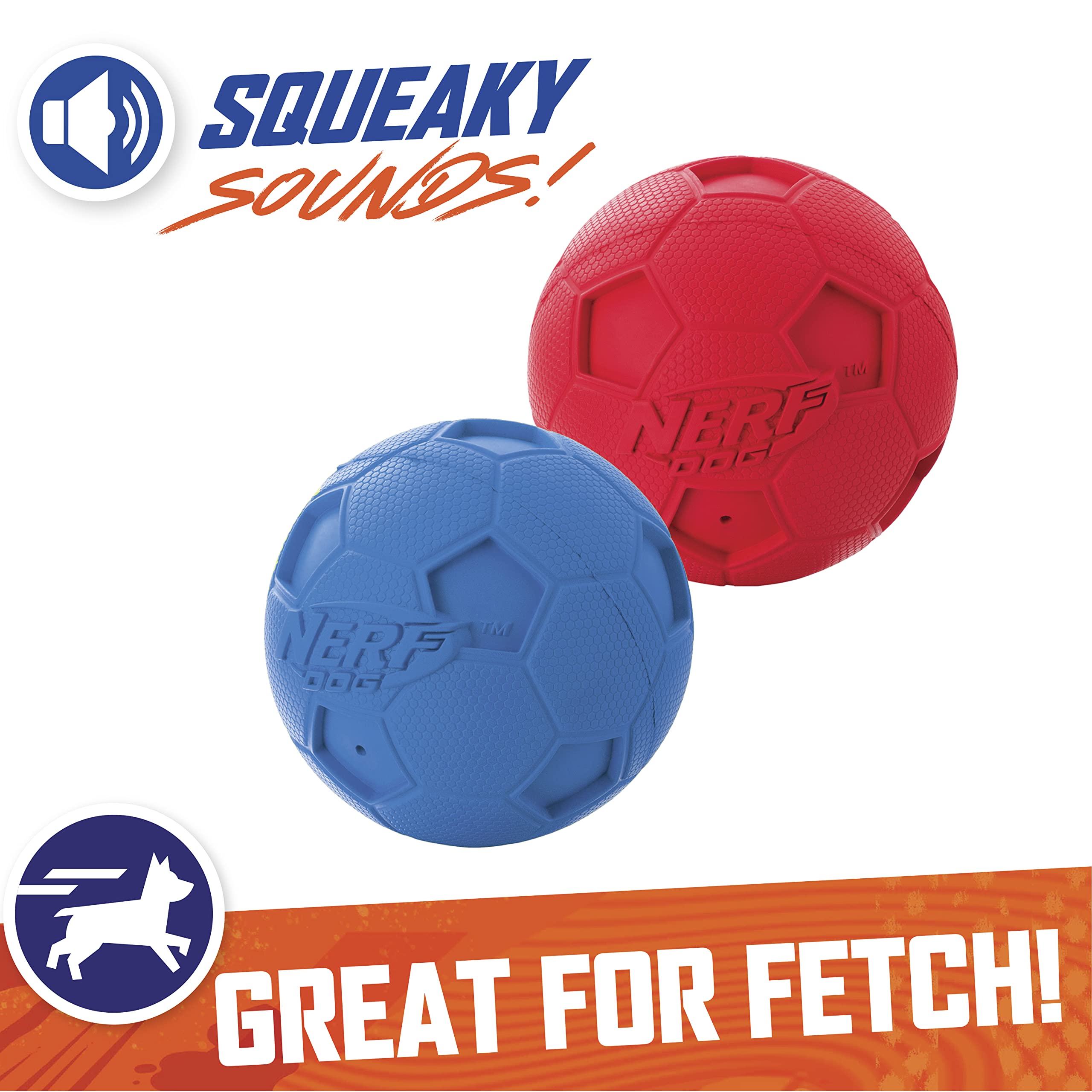 Nerf Dog Soccer Ball Dog Toy With Interactive Squeaker, Lightweight, Durable And Water Resistant, 2.5 Inches, For Medium/Large Breeds, Two Pack, Blue And Red