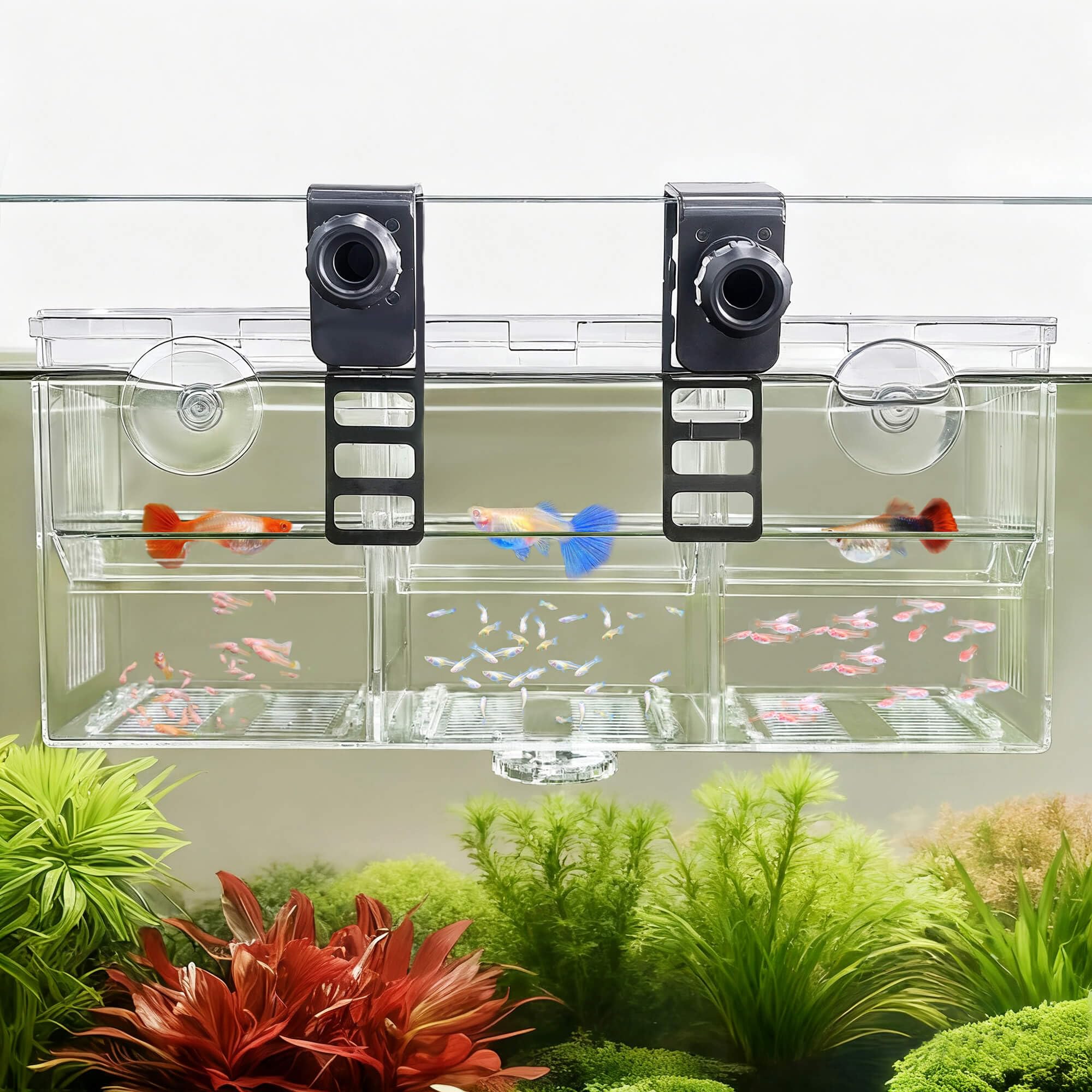 BaoZqua Triple-Chamber Aquarium Fish Breeder & Isolation Box, Transparent Hatching Incubator Tank with Suction Cups & Hook, Nurs