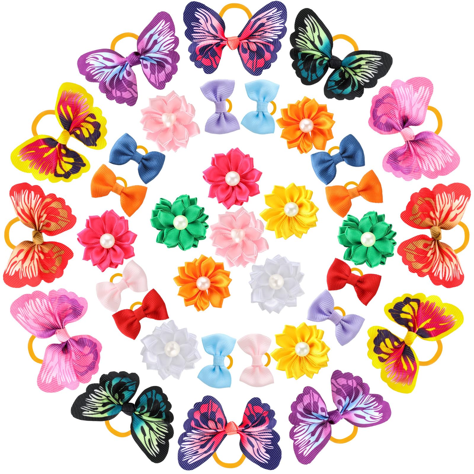 Janinka 36 Pieces Dog Hair Bows with Rubber Bands Butterfly Small Dog Knotted Bows Flower Pearls Elastic Hair Ties Bands for Pet