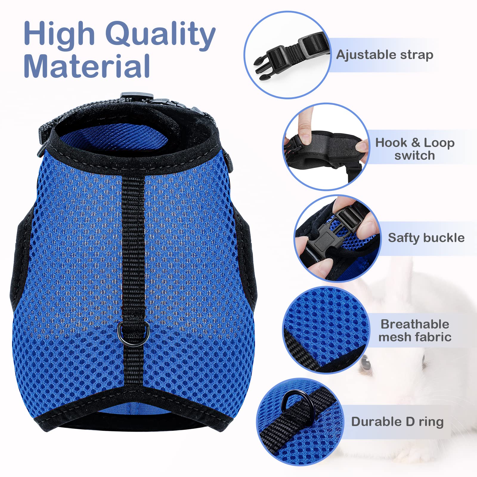 Pettom Bunny Rabbit Harness With Stretchy Leash Cute Adjustable Buckle Breathable Mesh Vest For Kitten Small Pets Walking (L(Chest:10.6-13.3 In), Blue)
