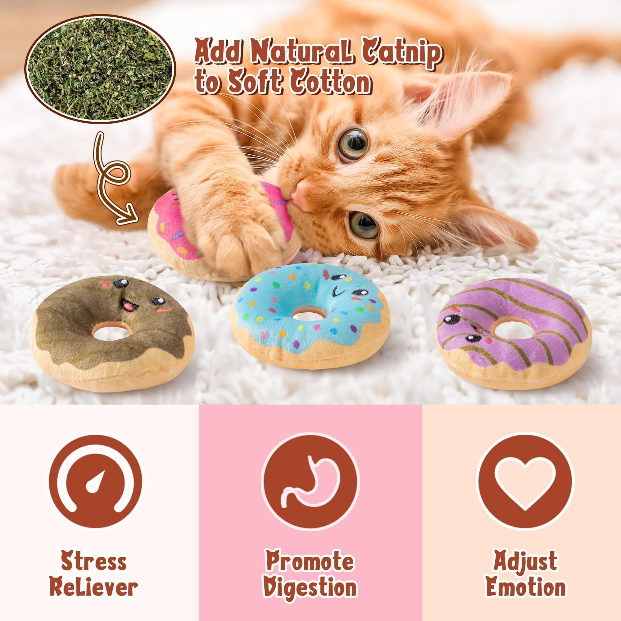 L1Rabe Summer Donut Catnip Stuffed Toys - 5Pcs Funny Dessert Cat Toys Black Cat Appreciation Day Pet Supplies, Indoor Cats Chew