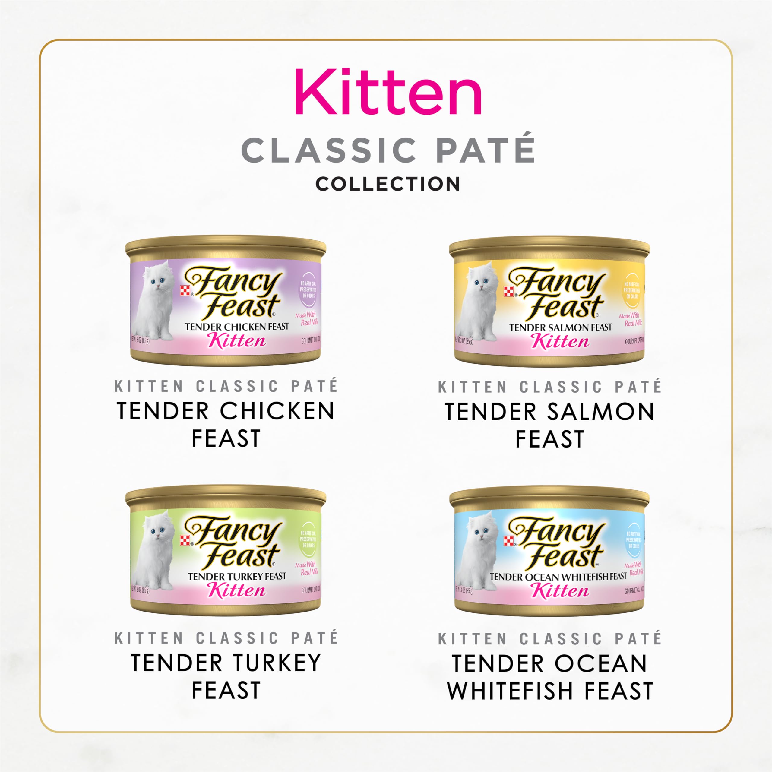 Purina Fancy Feast Tender Ocean Whitefish, Turkey, Chicken and Salmon Feasts Wet Kitten Food Variety Pack - (Pack of 24) 3 oz. B