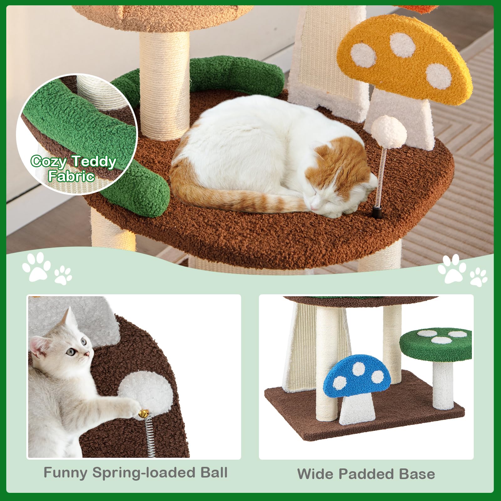 Petsite Mushroom Cat Tree, 40.5 Inches Tall Multi-Level Cat Tower With Natural Sisal Scratching Posts & Boards, Cat Condo And Te