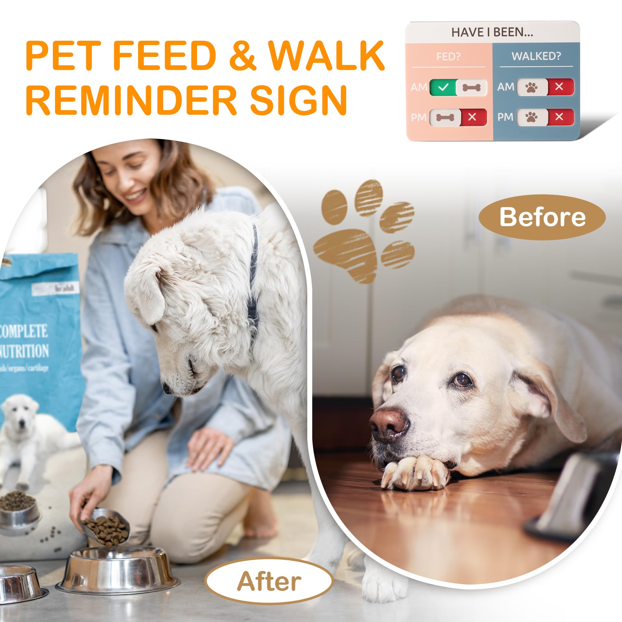 Dog Feeding Reminder Sign, Pet Feeding Tracker with Magnet, AM PM Daily Acrylic Slider Board for Fridge Wall Mounting, Plus Walk