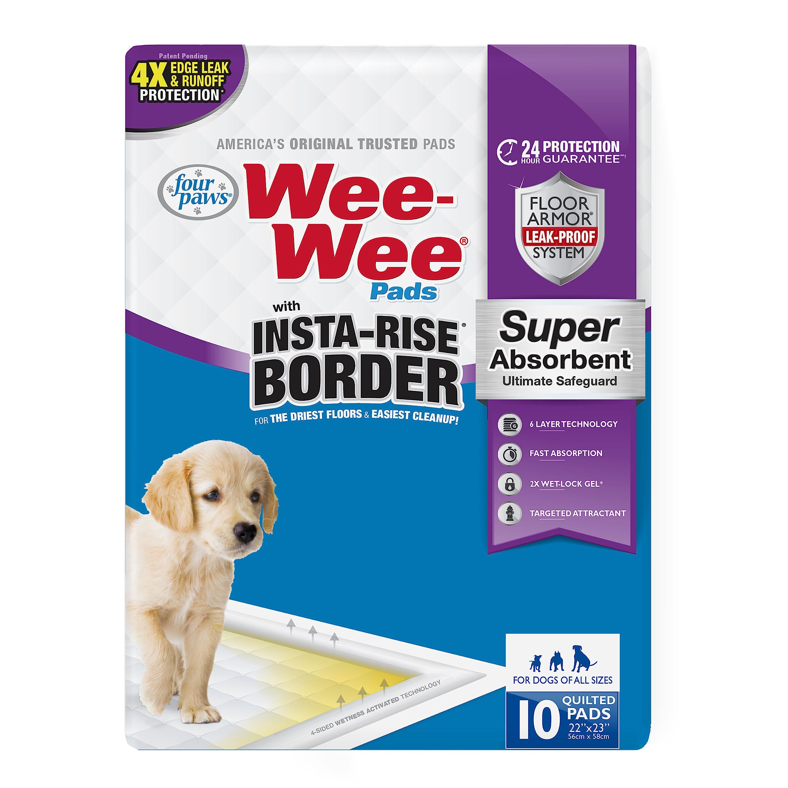 Four Paws Wee-Wee Super Absorbent Pee Pads For Dogs With Insta-Rise Border, Leak-Proof Floor Protection Dog & Puppy Quilted Pott