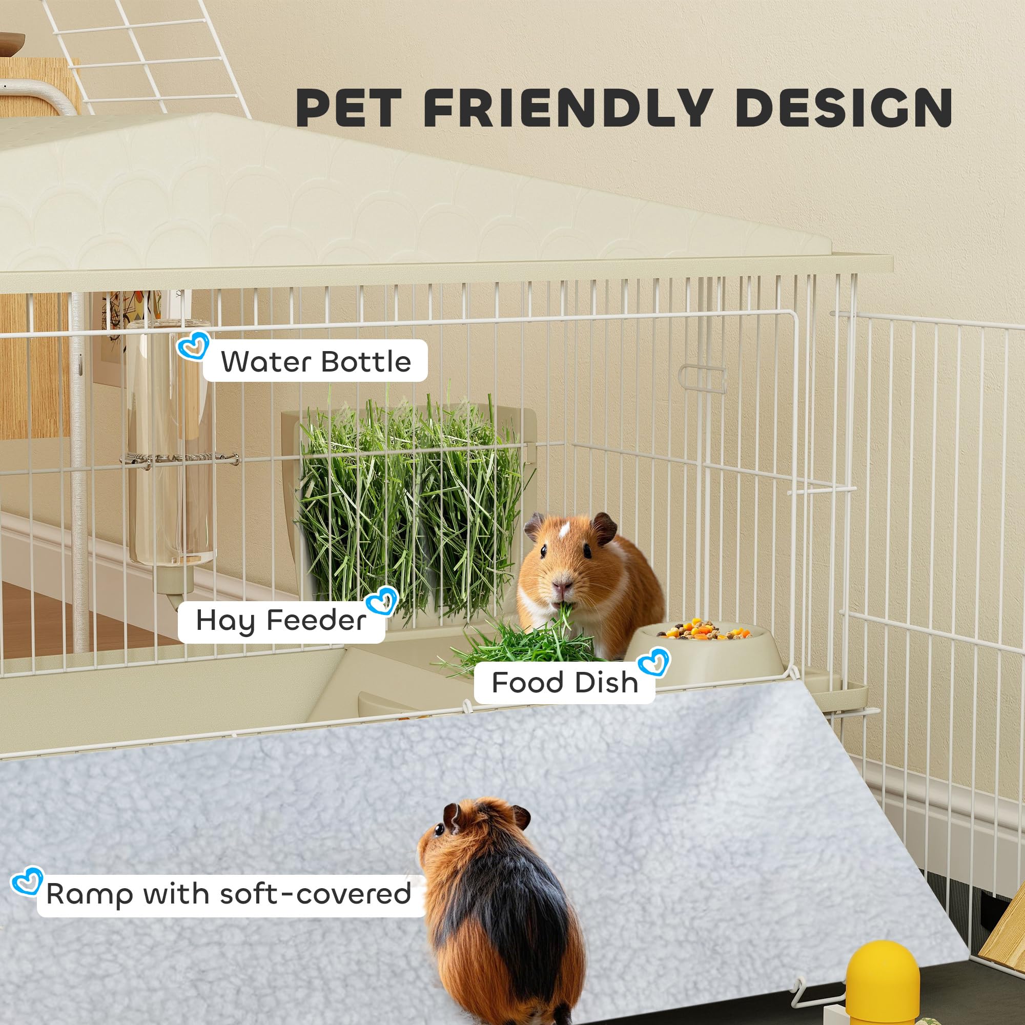 PawHut Small Animal Cage, Guinea Pig Cage with Removable Pet Playpen, Waterproof Pad, Food Dish, Water Bottle, Hay Feeder, Soft-
