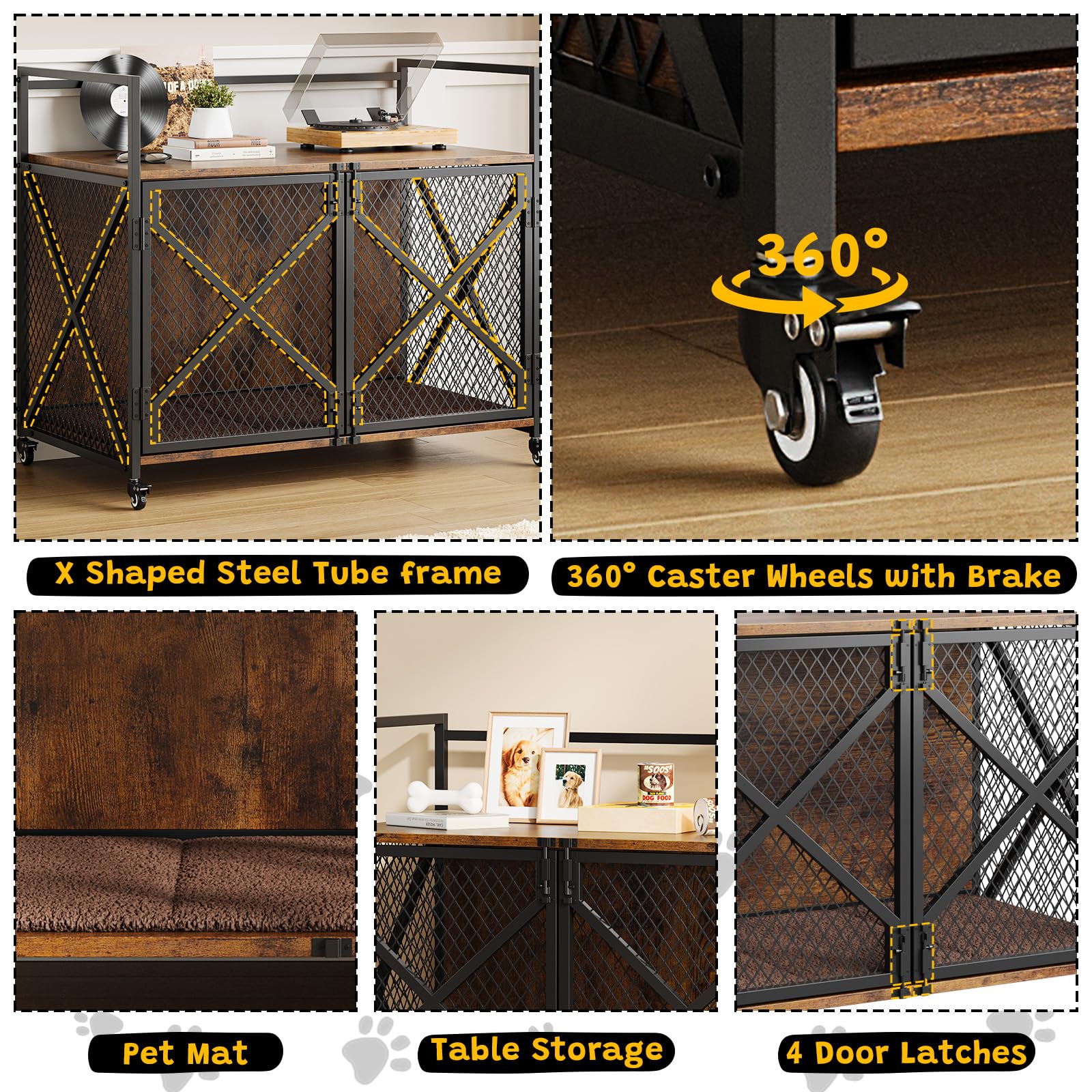 GarveeLife 41 Inch Dog Crate Furniture, Heavy Duty Decorative Dog Cage with Lockable 360 Wheels, Double Door Dog Kennel End Tabl
