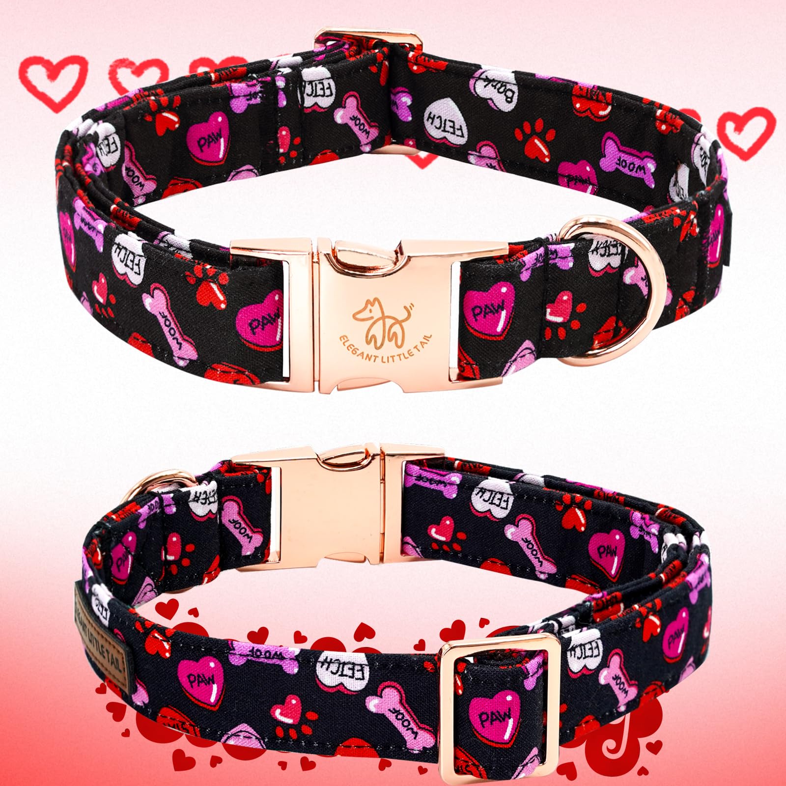 Elegant little tail Valentine's Dog Collar,Cute Heart Dog Collar with Bow for Small Dogs, Female or Male Adjustable Cotton Pet C