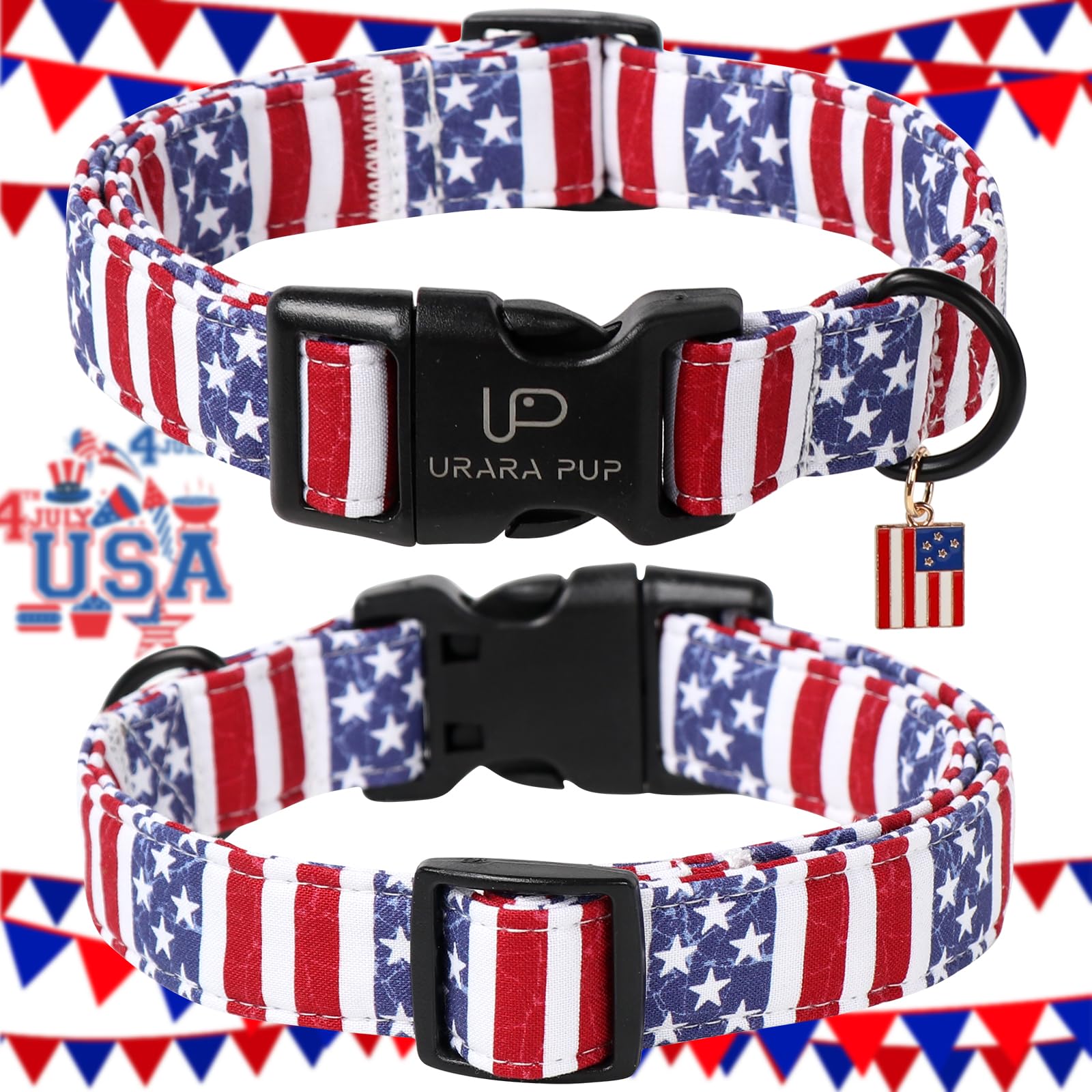 Up Urara Pup Flag Dog Collar, 4Th Of July Comfortable Cotton Dog Collars, American Flag Collar For Medium Girl Boy Dogs, Patriot