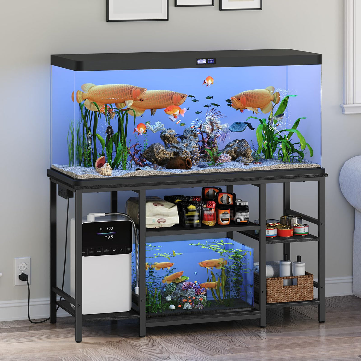 MAHANCRIS 55-75 Gallon Fish Tank Stand with Power Outlet, 3-Tier Metal Frame Aquarium Stand, Heavy Duty Reptile Terrarium Tank S