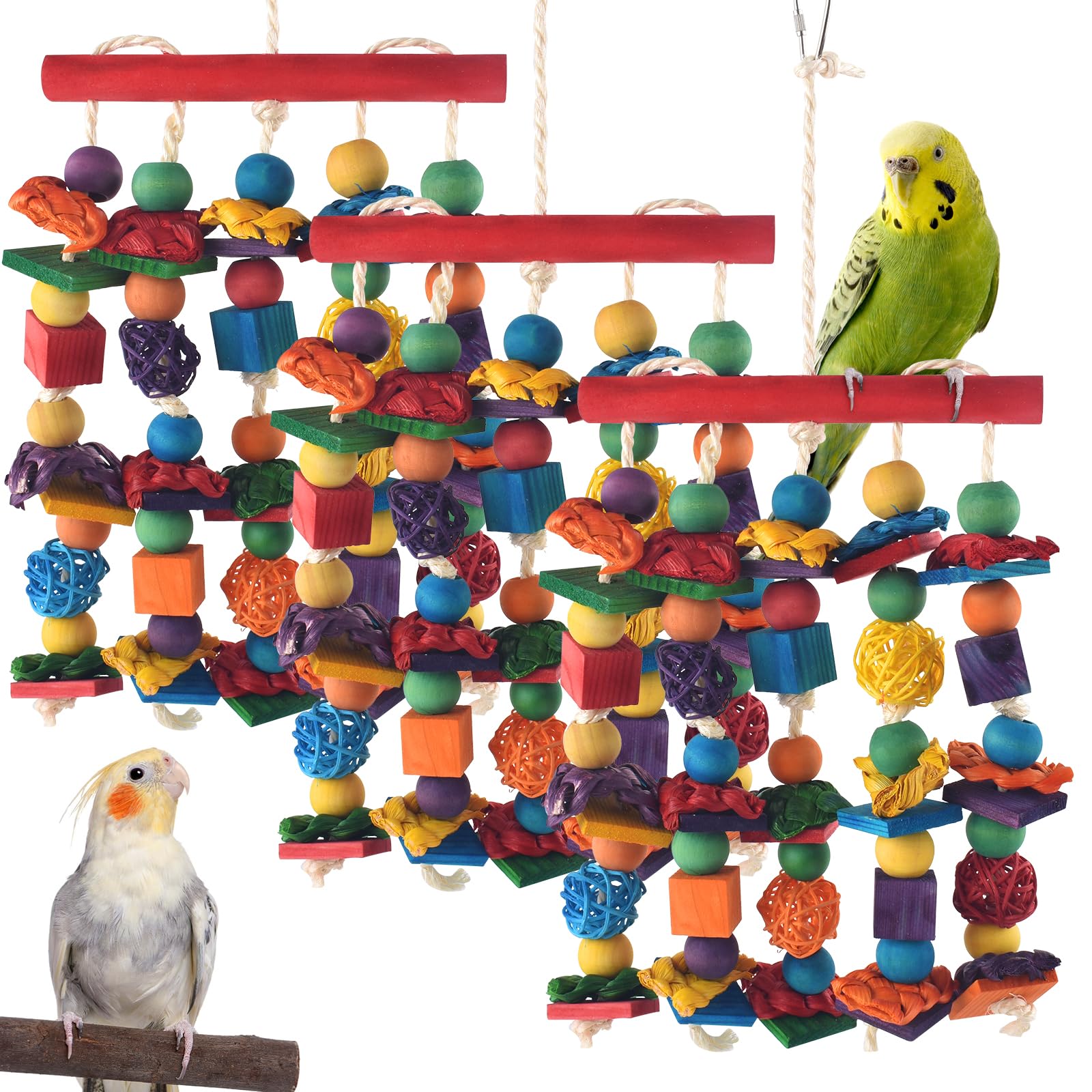 Dbness Bird Toys, 3Pcs Parrot Foraging Hanging Toy, Multicolored Natural Wooden Blocks Parakeet Chewing Toys Mit Rattan Wicker B