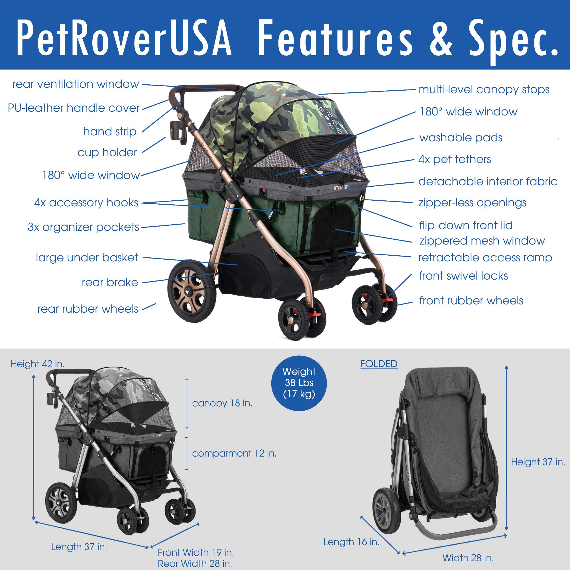 Hpz Pet Rover Titan-Hd Premium Super-Sized Dog/Cat/Pet Stroller Suv Travel Carriage/W Access Ramp/100Lbs Capacity/Pumpless Rubber Wheels/Aluminum Frame For Small, Med, Large, Xl Pets (Green Camo)