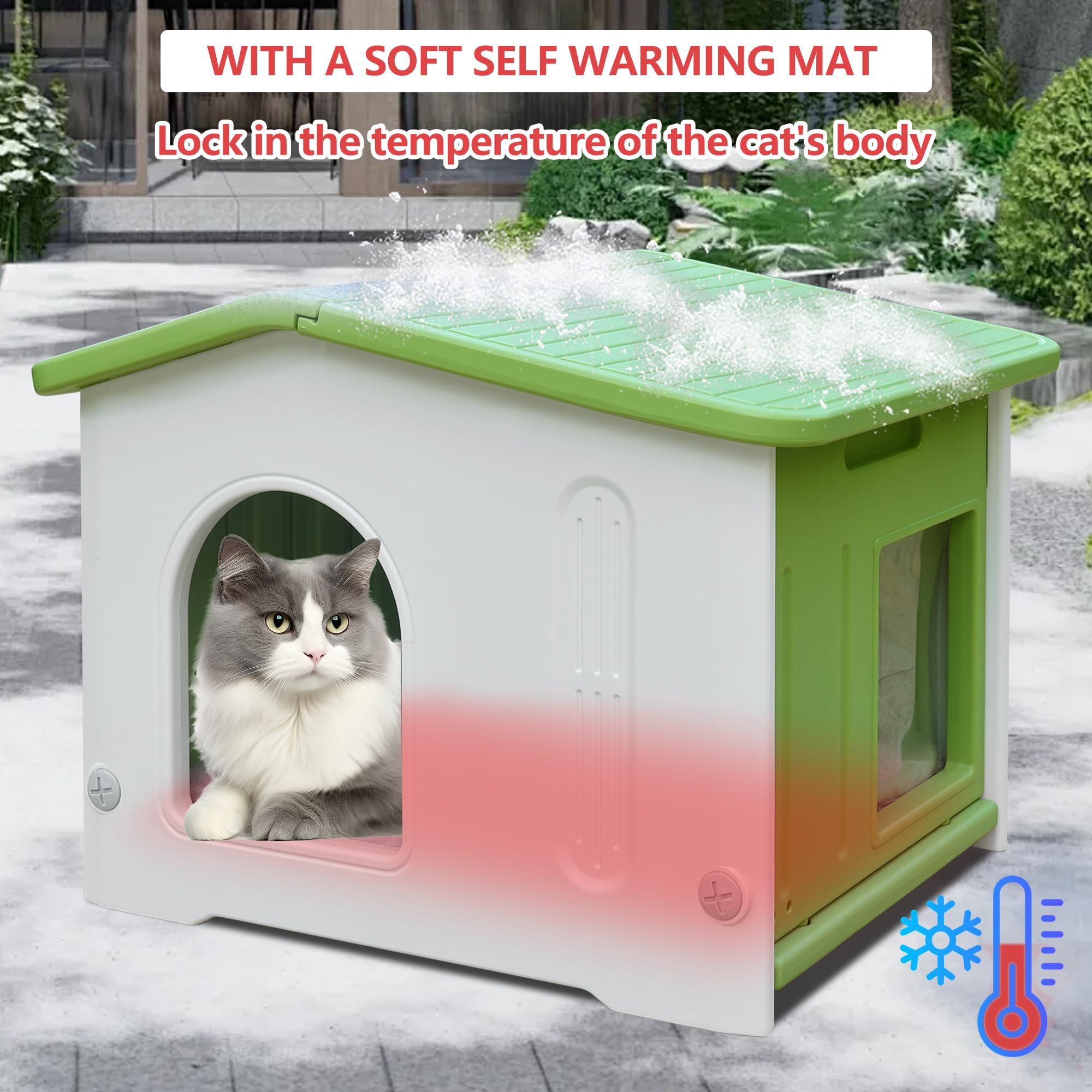 Outdoor Cat House With Escape Door,Feral Cat House With Selfwarming Mat Outdoor Cat House Watwerproof Large Cat House For 1-2 Ca