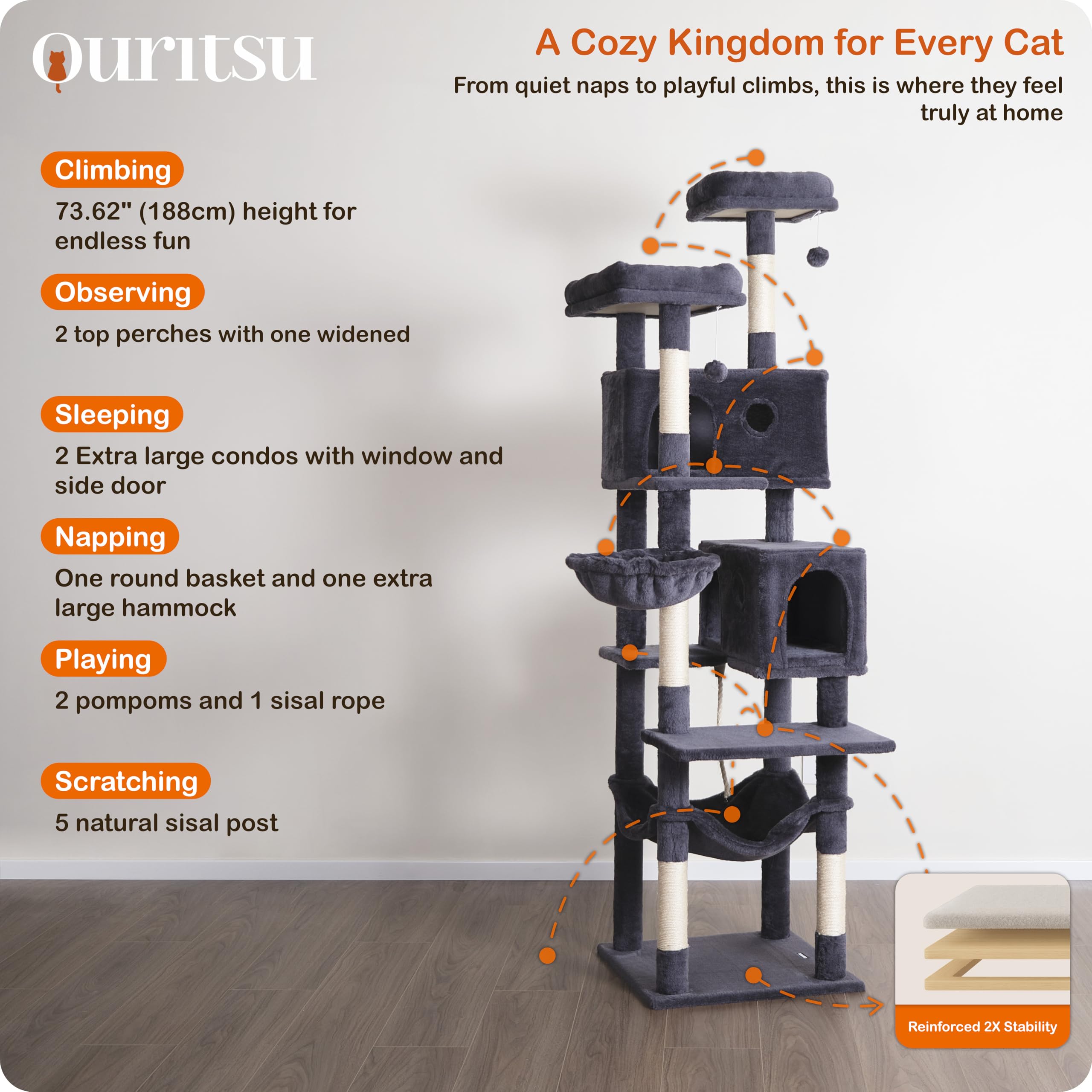 Ouritsu Cat Tree, 73.6 Inch Tall Cat Climbing Tower For Large Cat Indoor With 2 Large Condos, 2 Widened Perches, Sisal Covered S