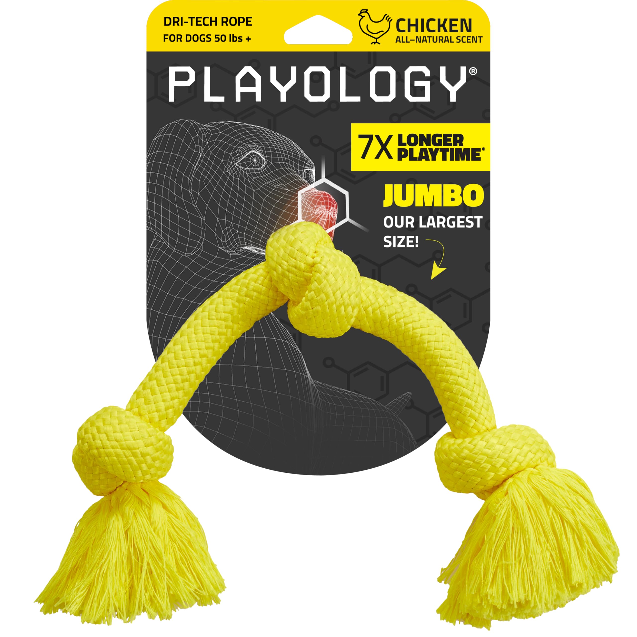 Playology Dri Tech Rope Dog Chew Toy for Large to X-Large Dogs 50lbs & up | Engaging, All-Natural Chicken Scented Yellow Dog Toy