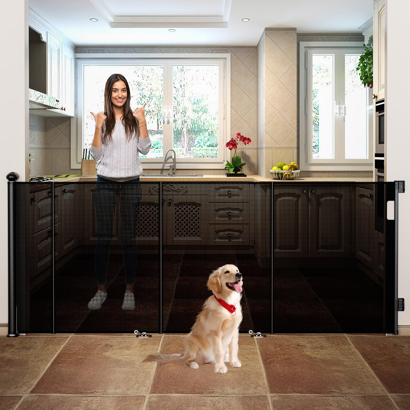 55 Inch Wide Retractable Baby Gate for Stairs, 42 Tall Dog Gate Extra Wide with Child Lock, Length-Adjustable Indoor Mesh Gates