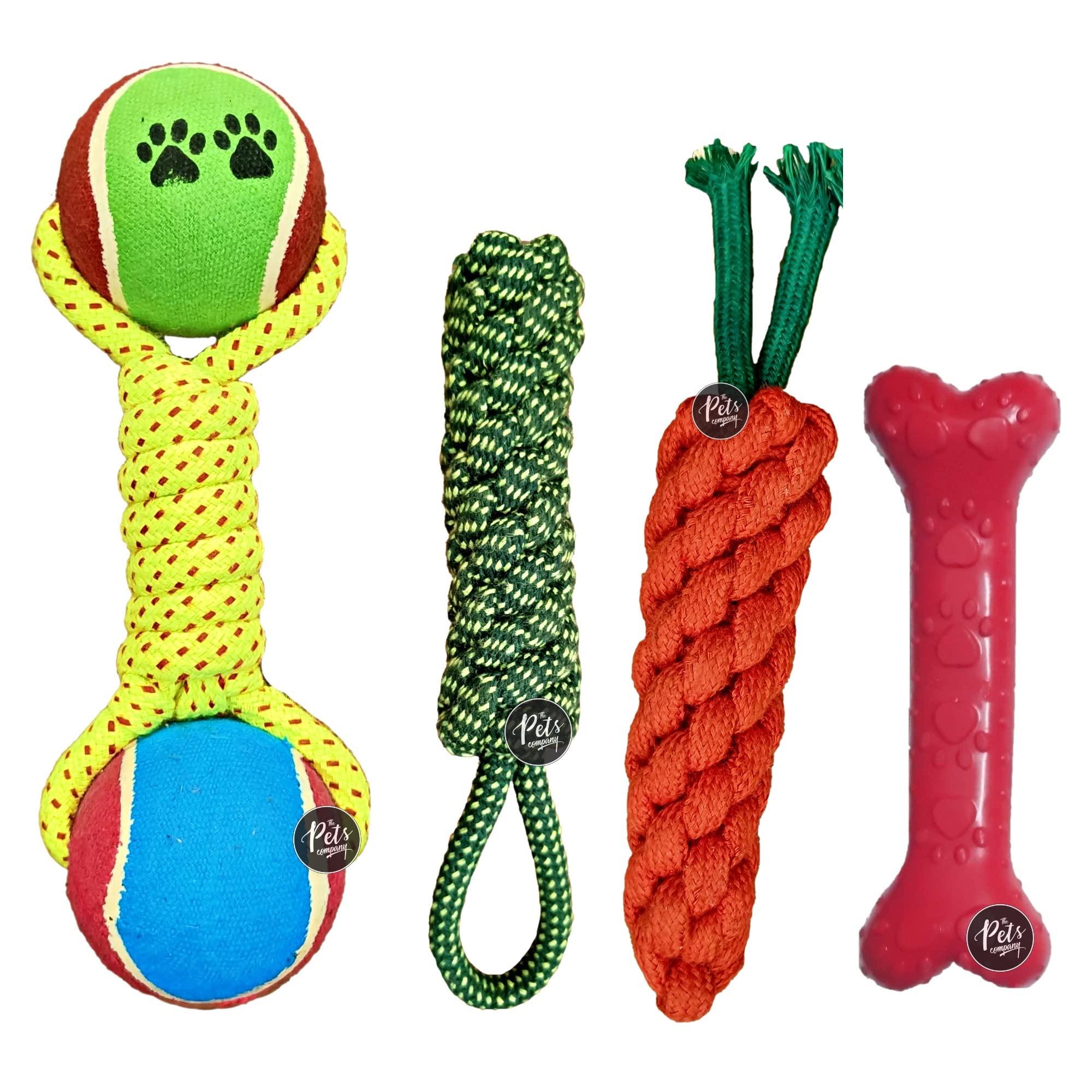 The Pets Company Dog Chew Toys For Puppy Teething & Training (Carrot + Dummy + Tug + Tennis Ball Dumbell), Dog Rope Toy Combo Of