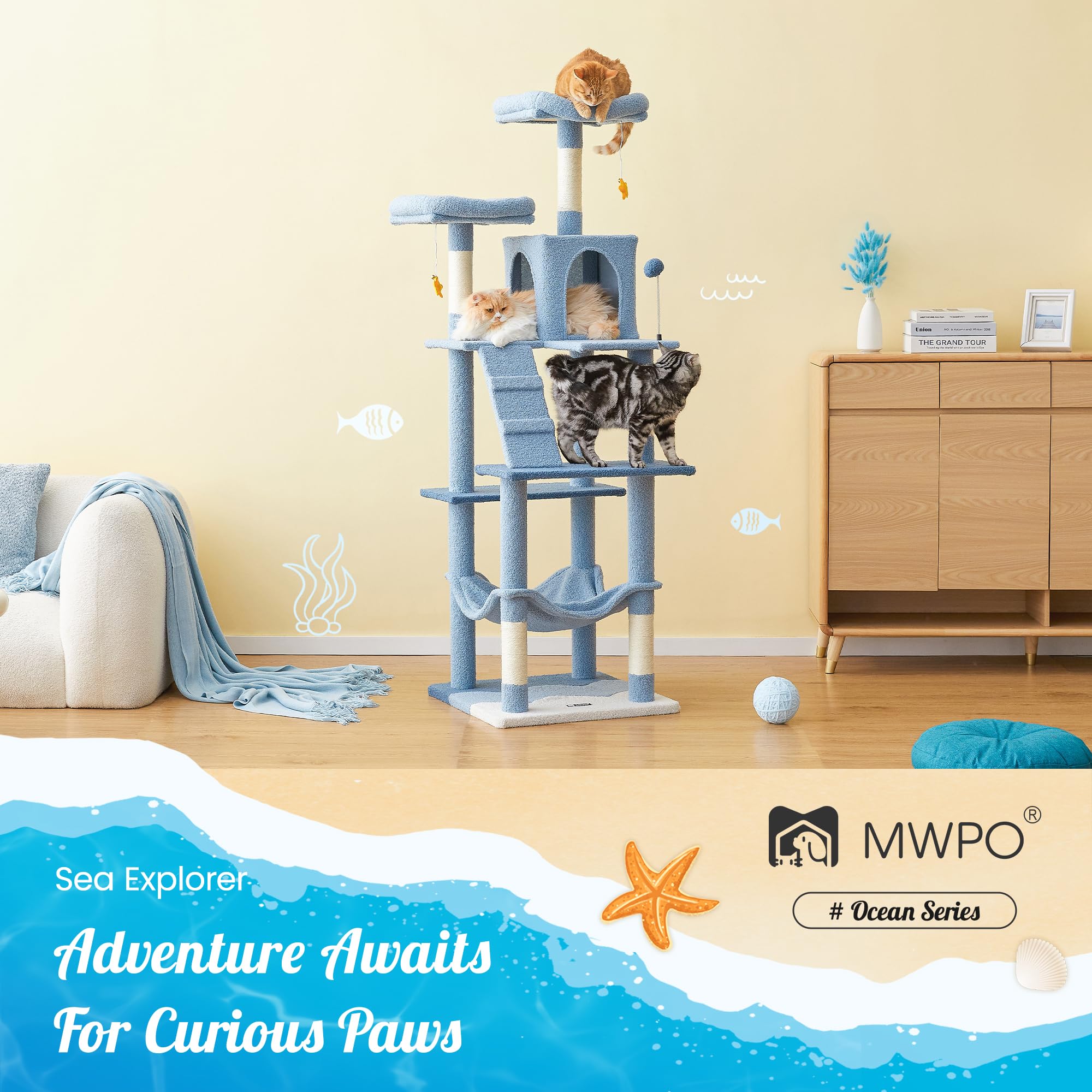 Mwpo Ocean-Themed Cat Tree, 70.1-Inch Multi-Level Tall Tower For Indoor Cats, Plush Cat Condo With Big Padded Perches, Sisal-Cov