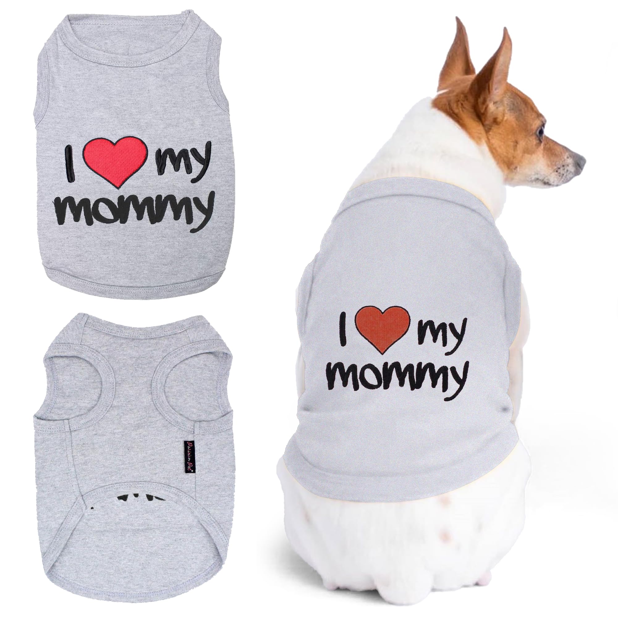 Parisian Pet Unisex Dog T-Shirt With Embroidered 'I Love My Mommy' Words - 100% Cotton, I Love My Mom Shirt - Sleeveless Pet Vest - Grey Dog Clothes For Medium-Sized Dogs, M