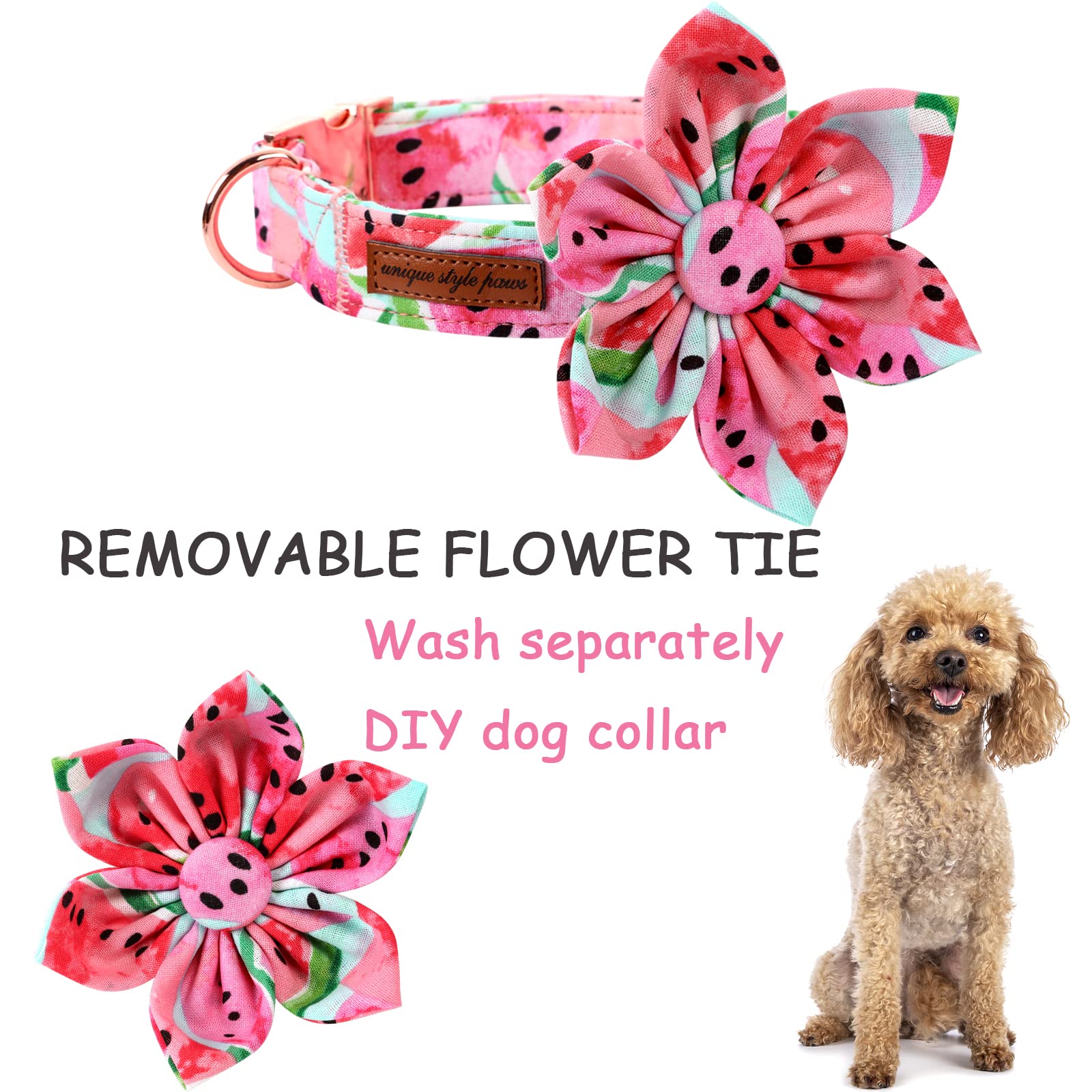 Unique Style Paws Dog Collar With Flower Tie Cotton Watermelon Collar Adjustable Summer Collar For Small Medium Large Dogs - M