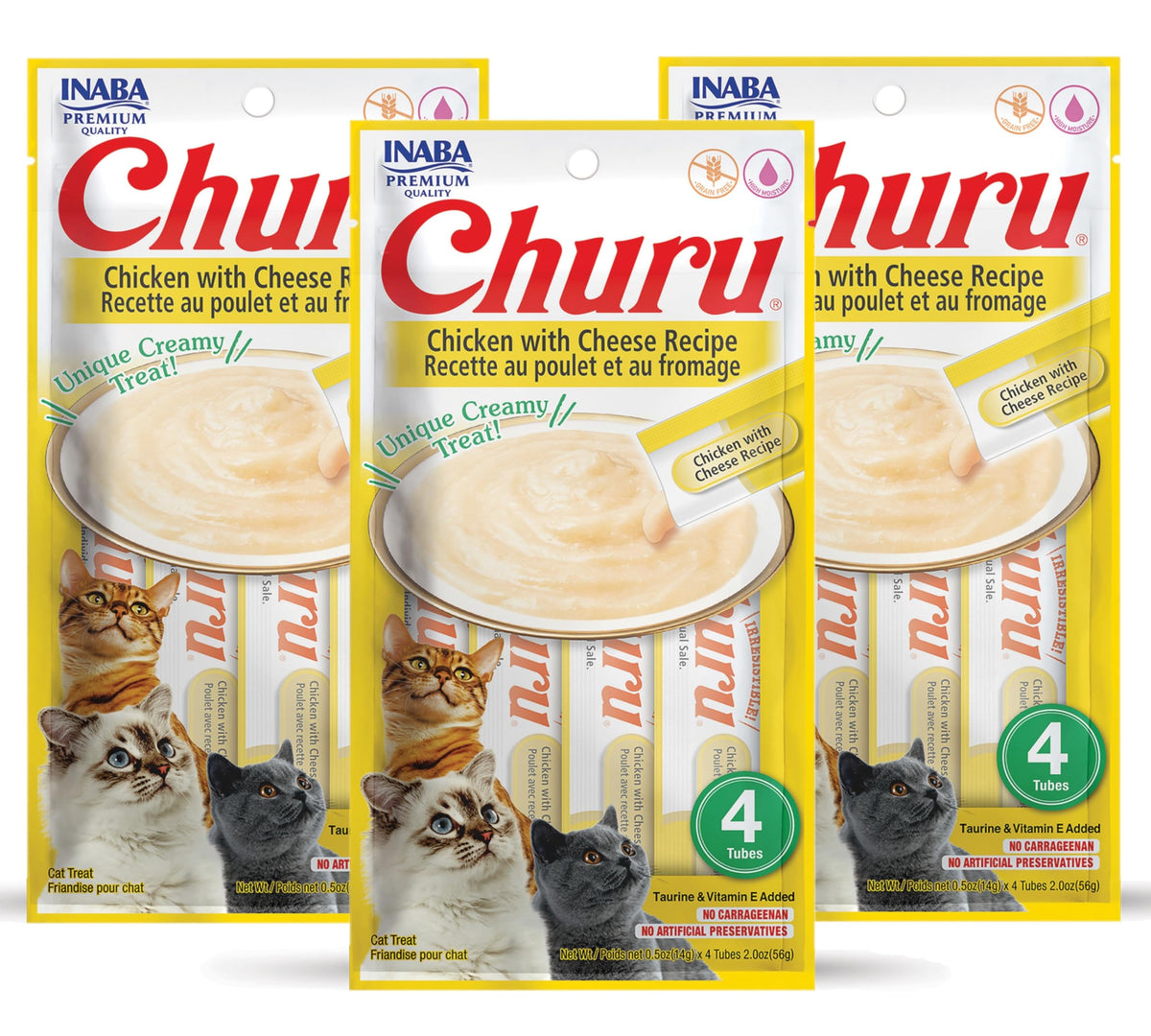 Inaba Churu Cat Treats, Grain-Free, Lickable, Squeezable Creamy Purée Cat Treat/Topper With Vitamin E & Taurine, 0.5 Ounces Each Tube, 12 Tubes (4 Per Pack), Chicken With Cheese Recipe