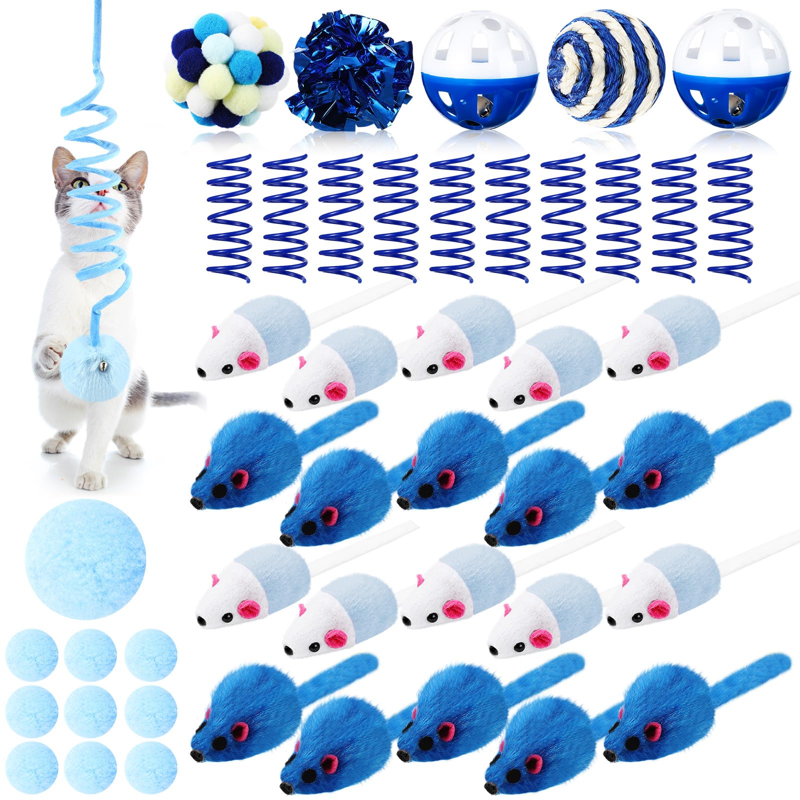 Gemscream 46 Pcs Cat Toys Set Interactive Cute Cat Toys Include Fur Mice Rattle Springs Crinkle Balls Pompom Bell Sisal Ball Puz