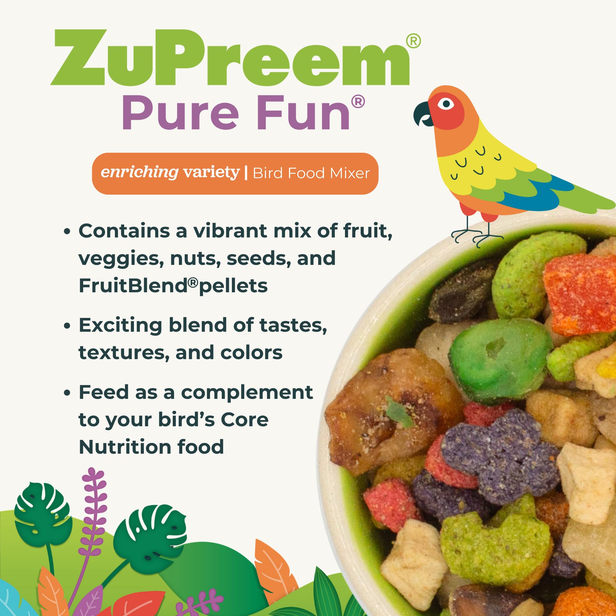 ZuPreem Pure Fun Bird Food, Parakeet, Budgie, Parrotlet, Dove, Seed and Pellet Blend for Small Birds, Food Mixer Topper, Enrichi